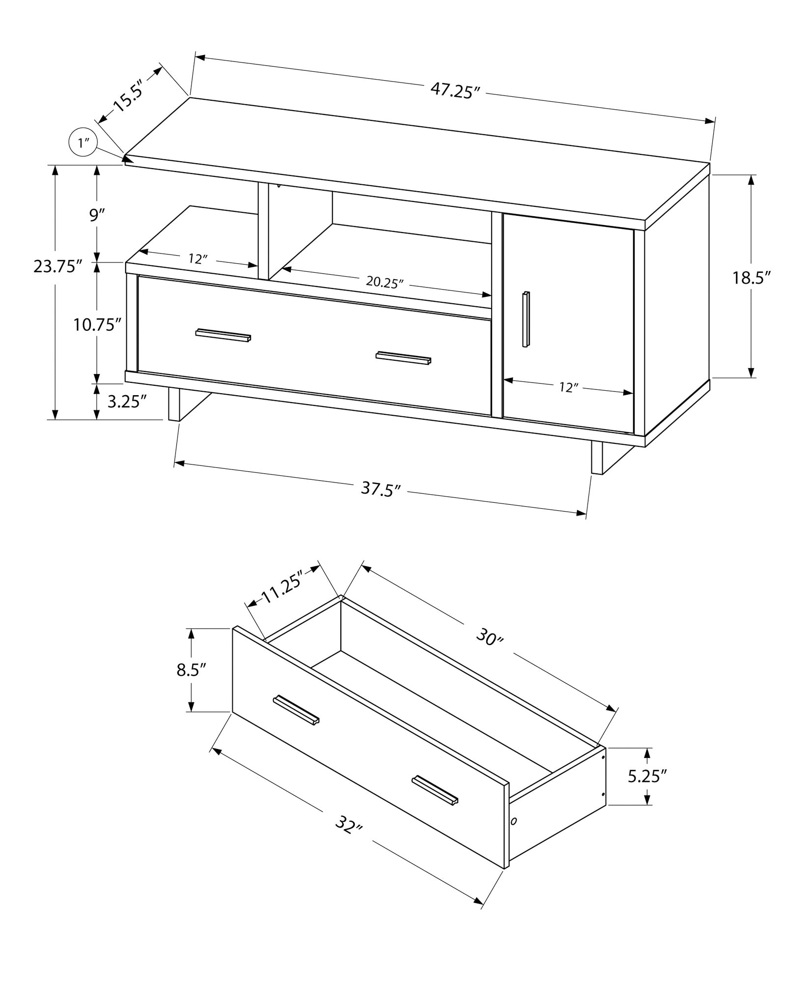 Monarch Specialties I 2800 Meuble Tv, 48 Pouces, Console, Centre De Divertissement Média, Unite De Rangement, Tiroirs, Salon, Chambre À Coucher, Stratifié, Blanc, Contemporain, Moderne - Simple Boutique