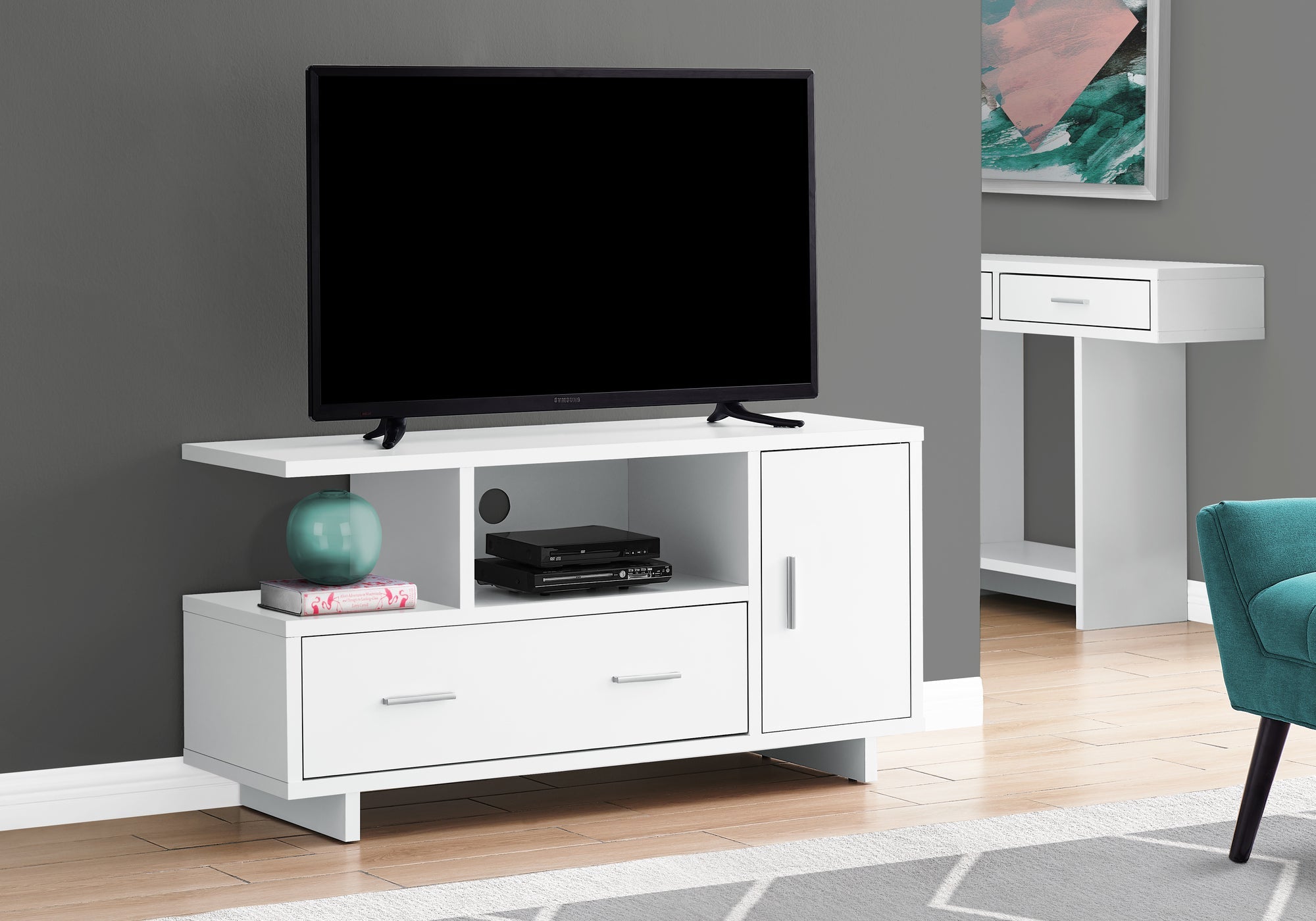Monarch Specialties I 2800 Meuble Tv, 48 Pouces, Console, Centre De Divertissement Média, Unite De Rangement, Tiroirs, Salon, Chambre À Coucher, Stratifié, Blanc, Contemporain, Moderne - Simple Boutique