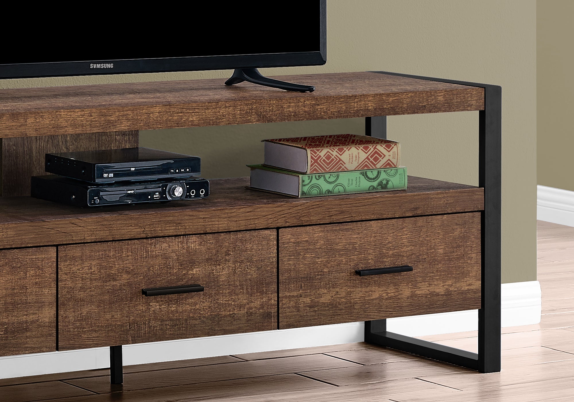 Monarch Specialties I 2820 Meuble Tv, 60 Pouces, Console, Centre De Divertissement Média, Tiroirs De Rangement, Salon, Chambre À Coucher, Métal, Stratifié, Brun, Noir, Contemporain, Moderne - Simple Boutique