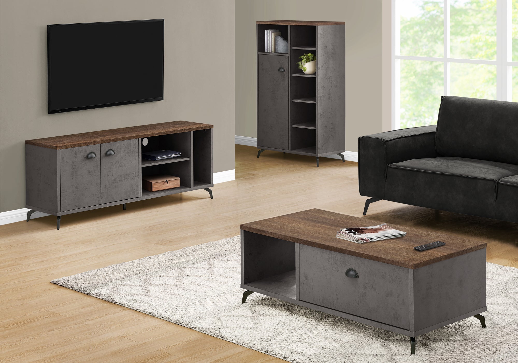 Monarch Specialties I 2831 Meuble Tv, 60 Pouces, Console, Centre De Divertissement Média, Unite De Rangement, Salon, Chambre À Coucher, Stratifié, Métal, Gris, Brun, Contemporain, Moderne - Simple Boutique