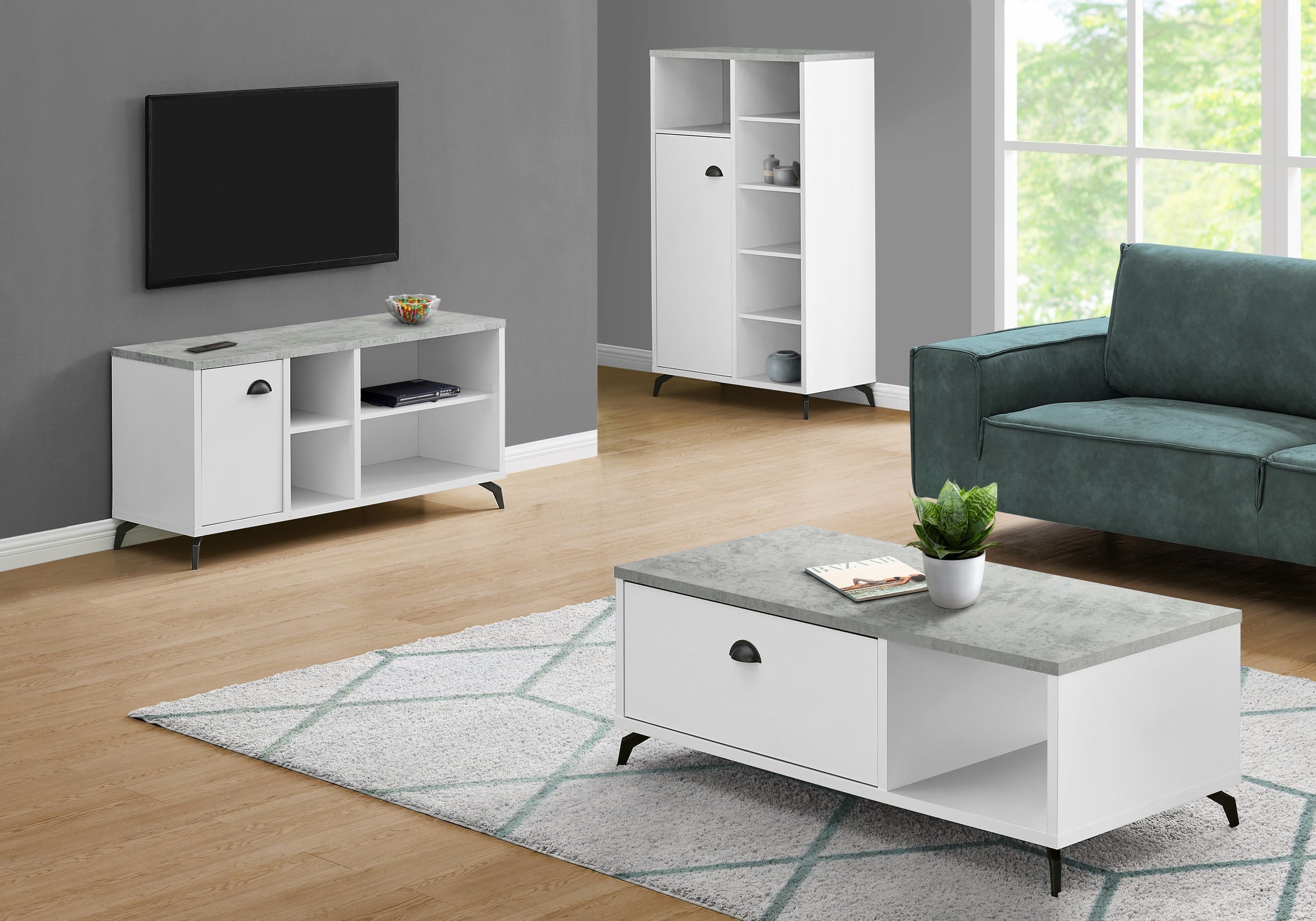 Monarch Specialties I 2840 Meuble Tv, 48 Pouces, Console, Centre De Divertissement Média, Unite De Rangement, Salon, Chambre À Coucher, Stratifié, Métal, Gris, Blanc, Contemporain, Moderne - Simple Boutique