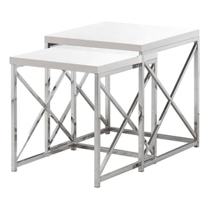 Monarch Specialties I 3025 Tables Gigognes, Lot De 2, Côté, Bout, Métal, Accent, Salon, Chambre À Coucher, Métal, Stratifié, Blanc Lustré, Chrome, Contemporain, Moderne - Simple Boutique