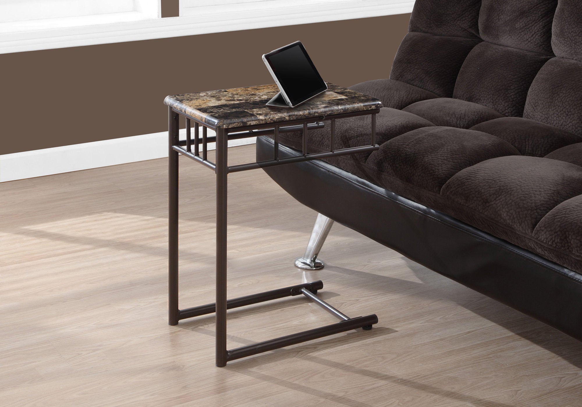 Monarch Specialties I 3043 Table D'appoint, En Forme De C, Bout, Côté, Collation, Salon, Chambre À Coucher, Métal, Stratifié, D'aspect Marbre Brun, Contemporain, Moderne - Simple Boutique