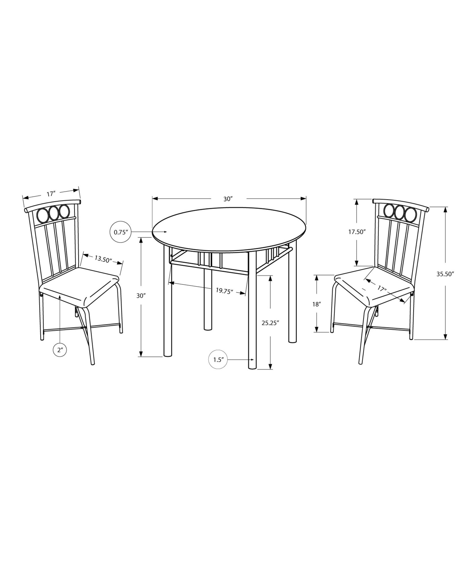 Monarch Specialties I 3045 Ensemble De Table À Manger, Ensemble 3pcs, Petit, 30" Rond, Cuisine, Métal, Stratifié, D'aspect Marbre Brun, Transitionnel - Simple Boutique