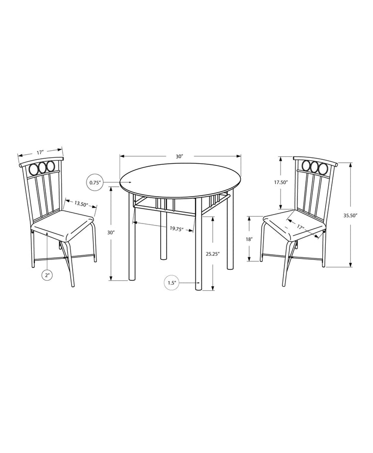 Monarch Specialties I 3045 Ensemble De Table À Manger, Ensemble 3pcs, Petit, 30" Rond, Cuisine, Métal, Stratifié, D'aspect Marbre Brun, Transitionnel - Simple Boutique
