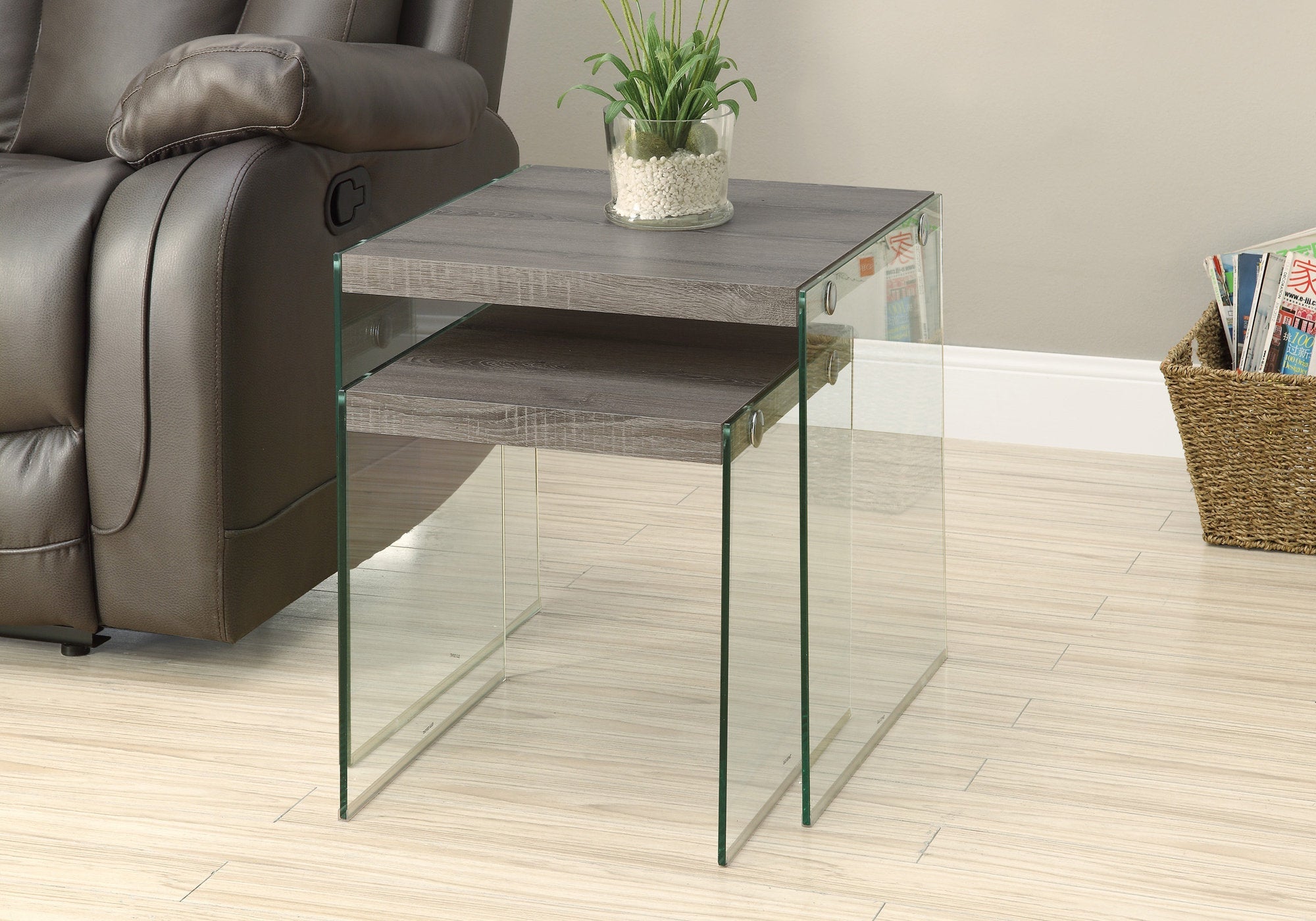 Monarch Specialties I 3053 Tables Gigognes, Lot De 2, Côté, Bout, Accent, Salon, Chambre À Coucher, Verre Trempé, Stratifié, Brun, Dégager, Contemporain, Moderne - Simple Boutique