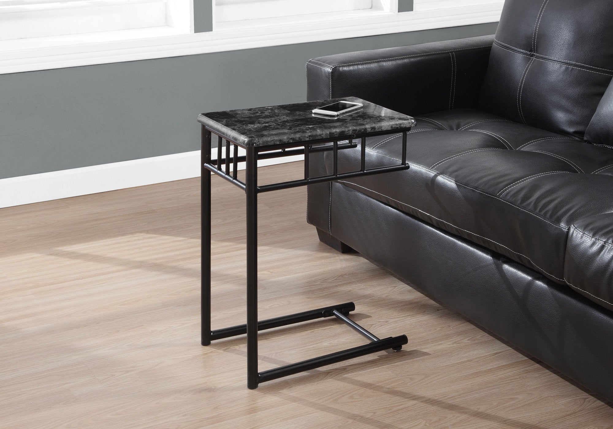 Monarch Specialties I 3063 Table D'appoint, En Forme De C, Bout, Côté, Collation, Salon, Chambre À Coucher, Métal, Stratifié, Aspect Marbre Gris, Noir, Transitionnel - Simple Boutique