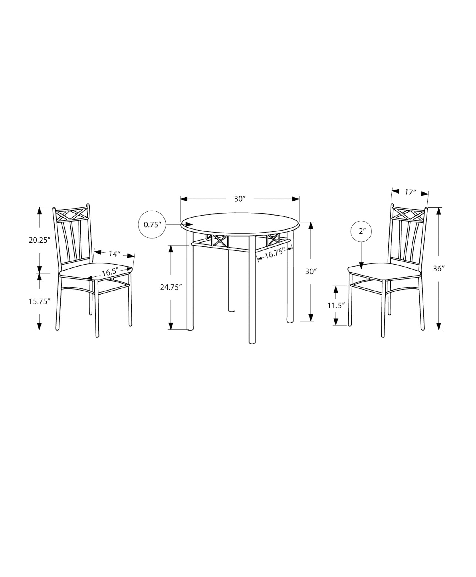 Monarch Specialties I 3075 Ensemble De Table À Manger, Ensemble 3pcs, Petit, 30" Rond, Cuisine, Métal, Stratifié, Brun, Gris, Transitionnel - Simple Boutique