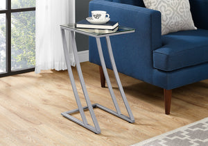Monarch Specialties I 3090 Table D'appoint, En Forme De C, Bout, Côté, Collation, Salon, Chambre À Coucher, Métal, Verre Trempé, Gris, Dégager, Contemporain, Moderne - Simple Boutique