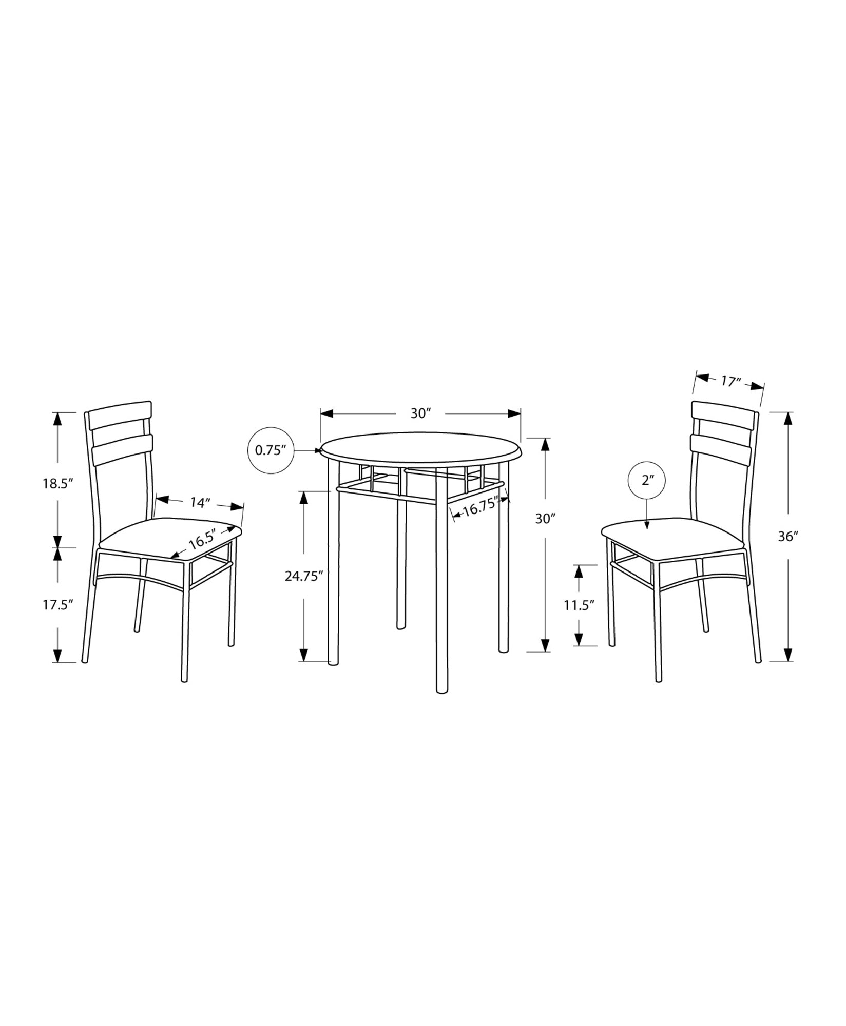 Monarch Specialties I 3095 Ensemble De Table À Manger, Ensemble 3pcs, Petit, 30" Rond, Cuisine, Métal, Stratifié, Noir, Gris, Contemporain, Moderne - Simple Boutique