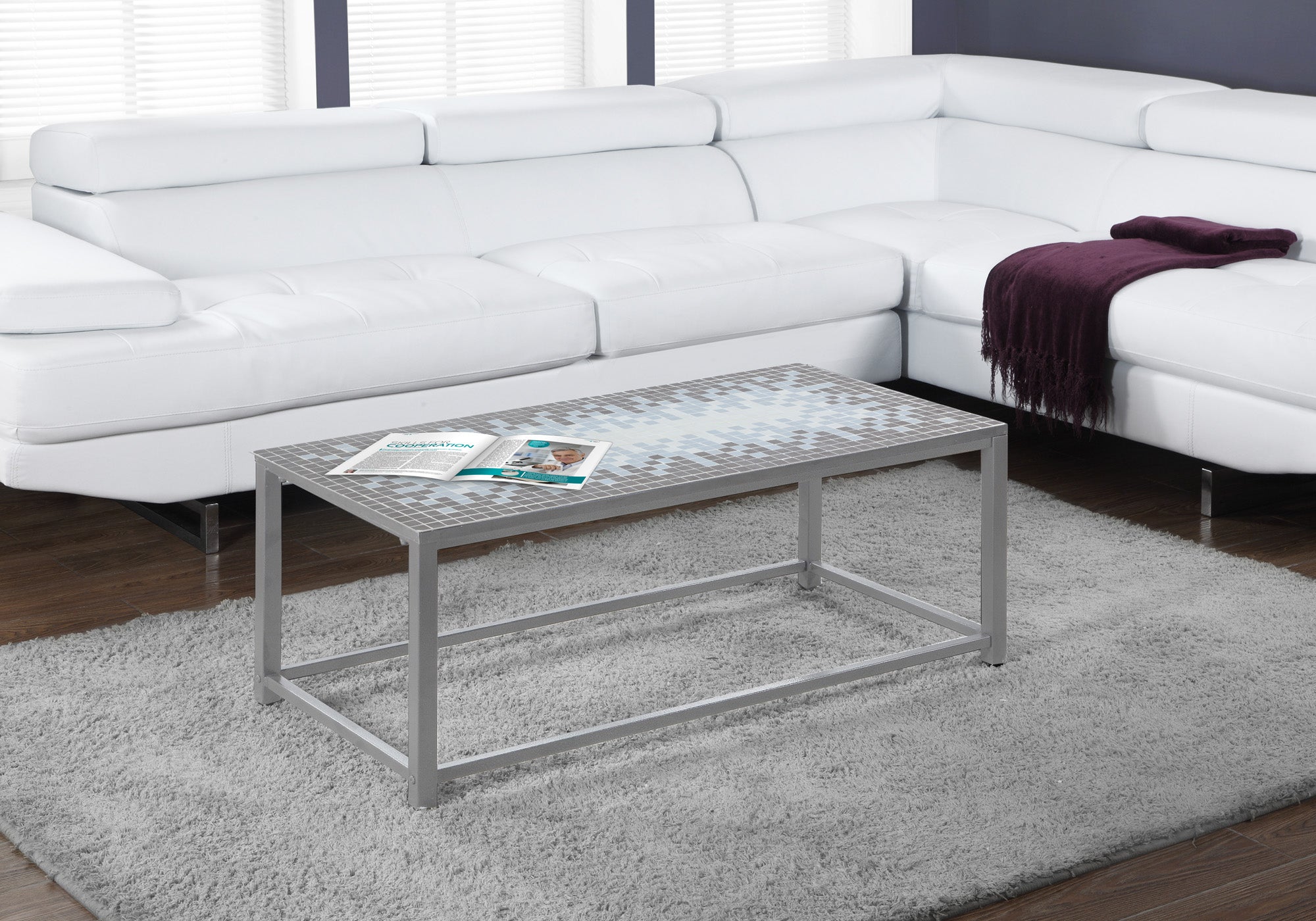 Monarch Specialties I 3140 Table A Café, Accent, Cocktail, Rectangulaire, Salon, 42" L, Métal, Tuile, Bleu, Gris, Transitionnel - Simple Boutique