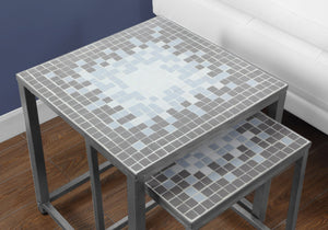 Monarch Specialties I 3141 Tables Gigognes, Lot De 2, Côté, Bout, Métal, Accent, Salon, Chambre À Coucher, Métal, Tuile, Bleu, Gris, Transitionnel - Simple Boutique
