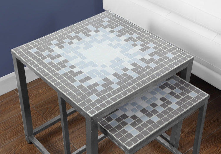 Monarch Specialties I 3141 Tables Gigognes, Lot De 2, Côté, Bout, Métal, Accent, Salon, Chambre À Coucher, Métal, Tuile, Bleu, Gris, Transitionnel - Simple Boutique