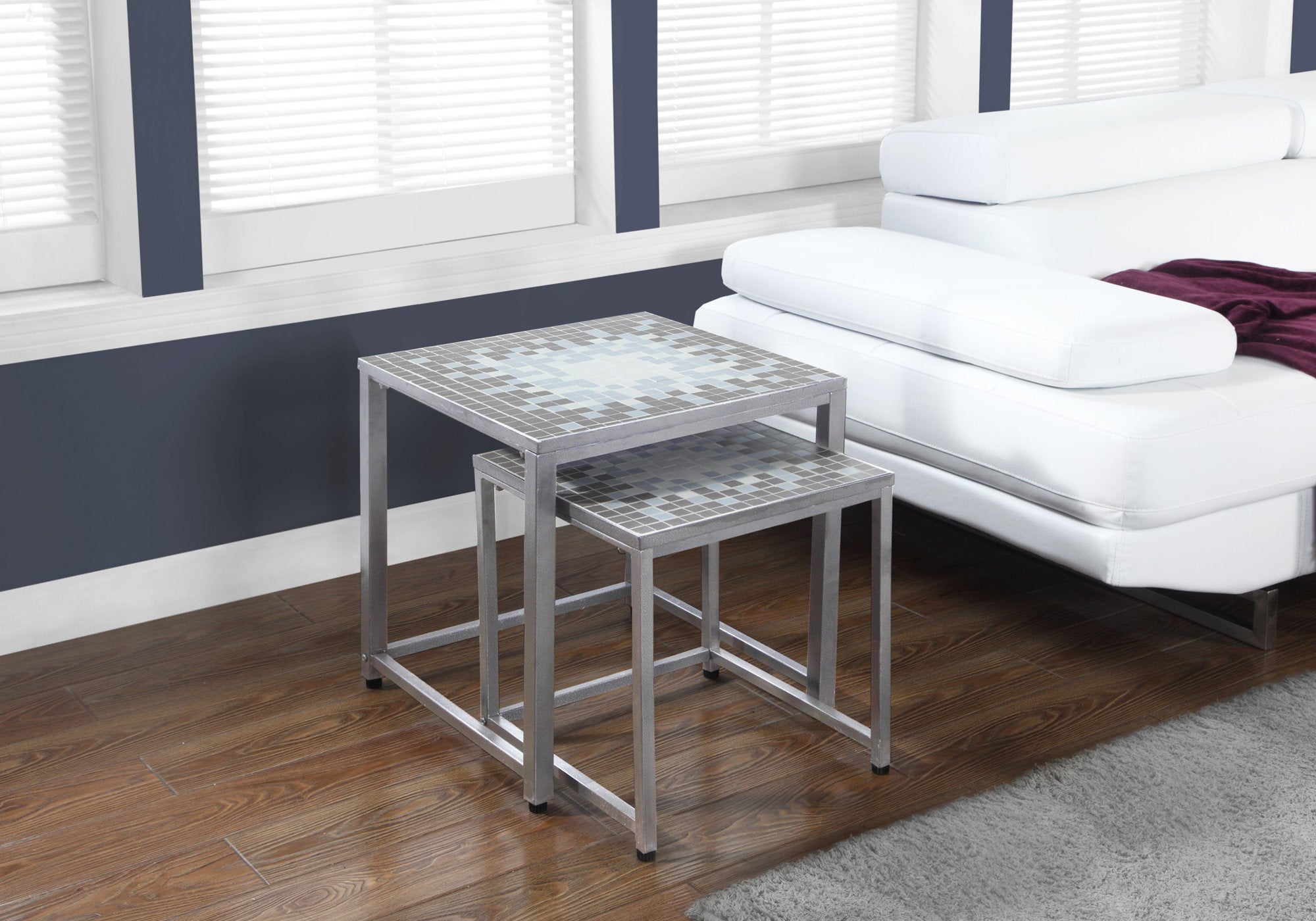 Monarch Specialties I 3141 Tables Gigognes, Lot De 2, Côté, Bout, Métal, Accent, Salon, Chambre À Coucher, Métal, Tuile, Bleu, Gris, Transitionnel - Simple Boutique