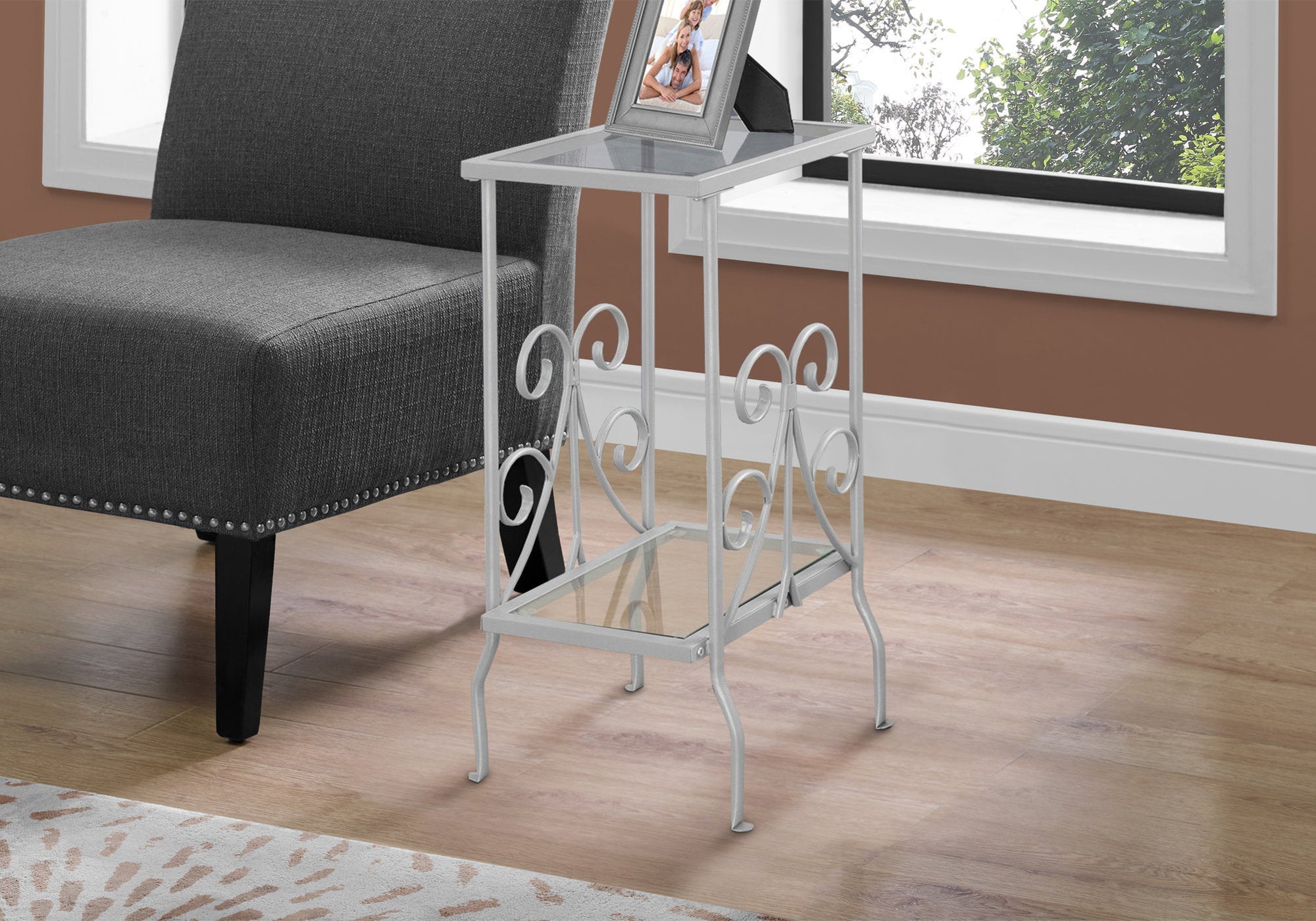 Monarch Specialties I 3158 Table D'appoint, Côté, Bout, Table De Nuit, Lampe, Salon, Chambre À Coucher, Métal, Verre Trempé, Gris, Transitionnel - Simple Boutique
