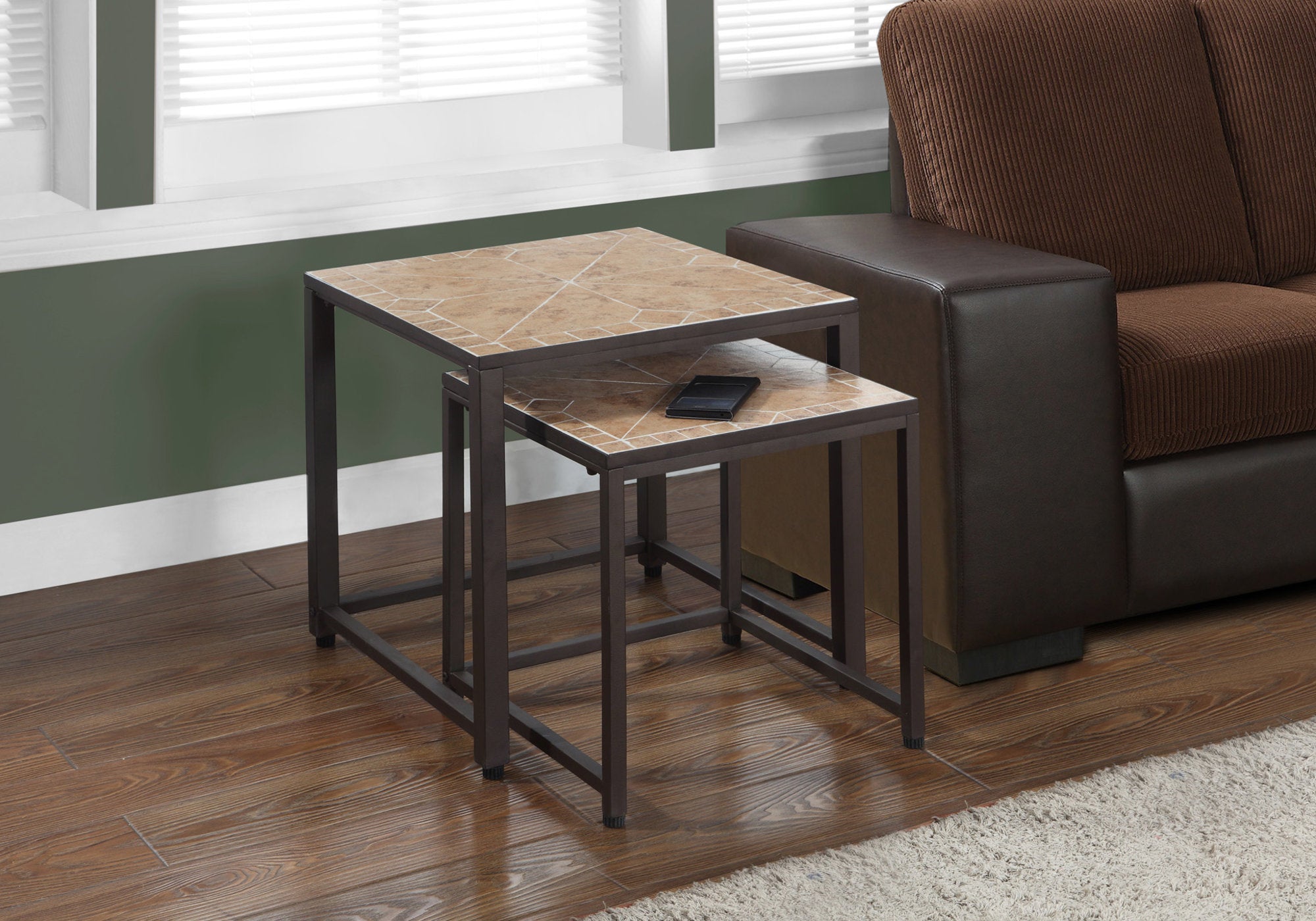 Monarch Specialties I 3161 Tables Gigognes, Lot De 2, Côté, Bout, Métal, Accent, Salon, Chambre À Coucher, Métal, Tuile, Brun, Transitionnel - Simple Boutique
