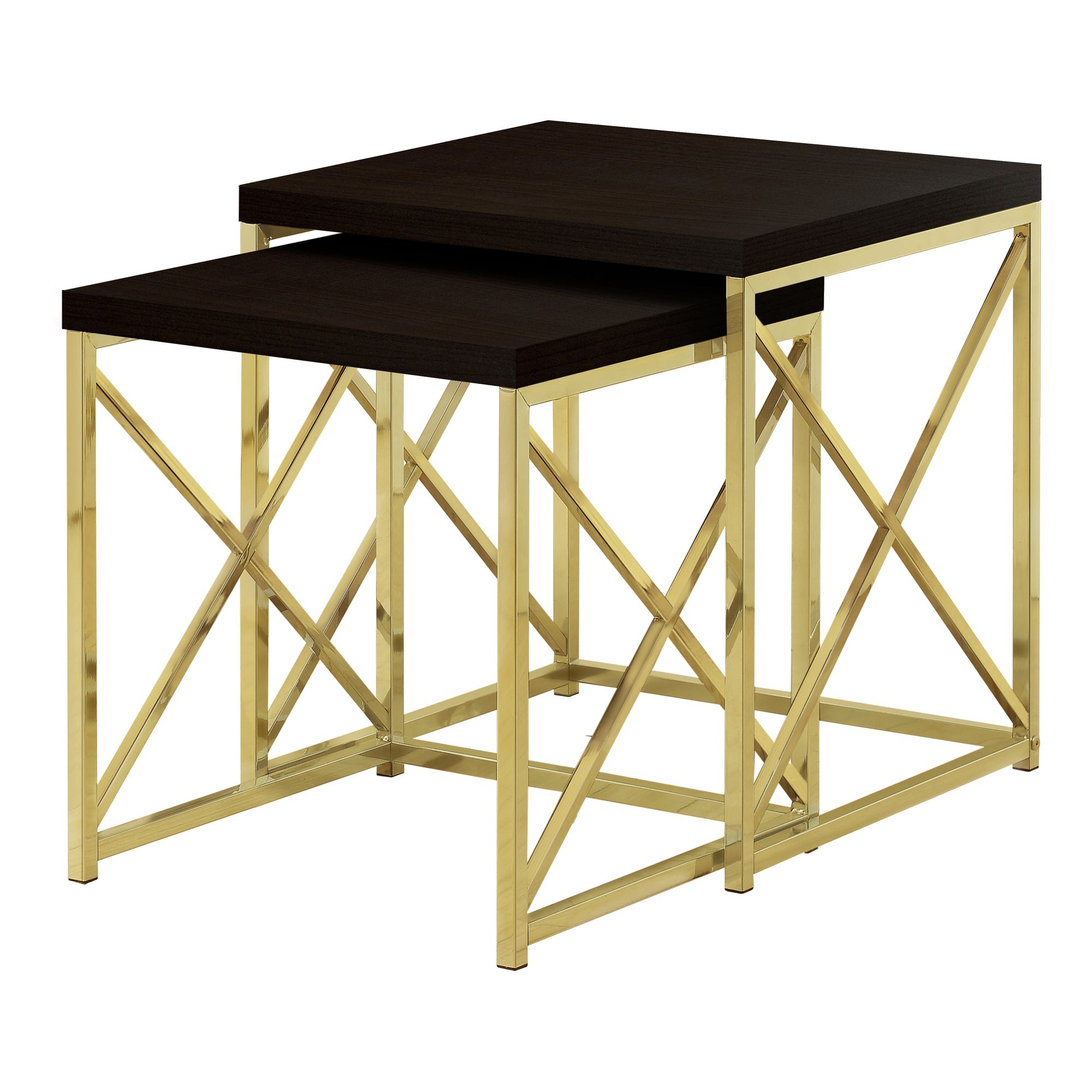 Monarch Specialties I 3237 Tables Gigognes, Lot De 2, Côté, Bout, Métal, Accent, Salon, Chambre À Coucher, Métal, Stratifié, Brun, Or, Contemporain, Moderne - Simple Boutique