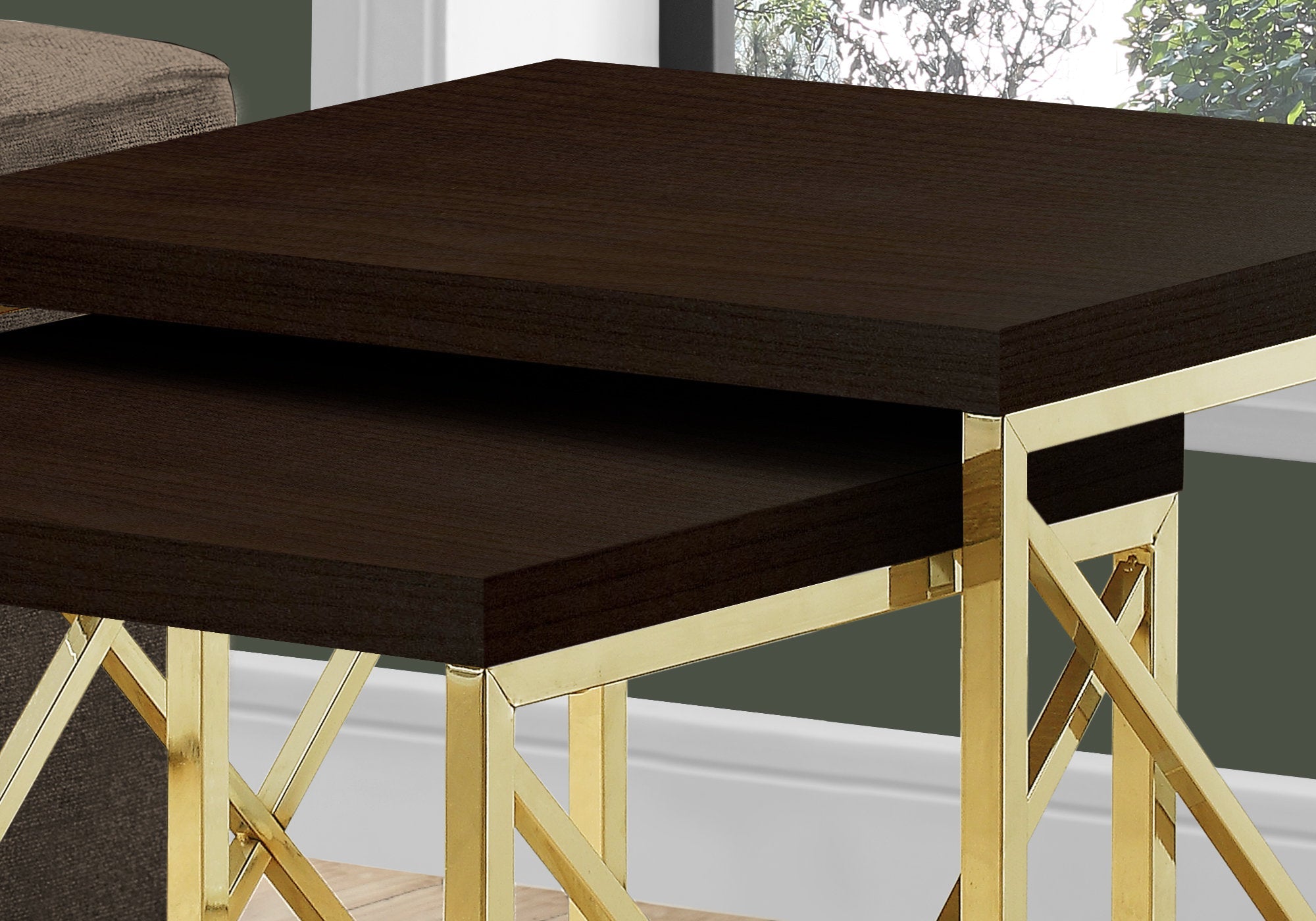 Monarch Specialties I 3237 Tables Gigognes, Lot De 2, Côté, Bout, Métal, Accent, Salon, Chambre À Coucher, Métal, Stratifié, Brun, Or, Contemporain, Moderne - Simple Boutique