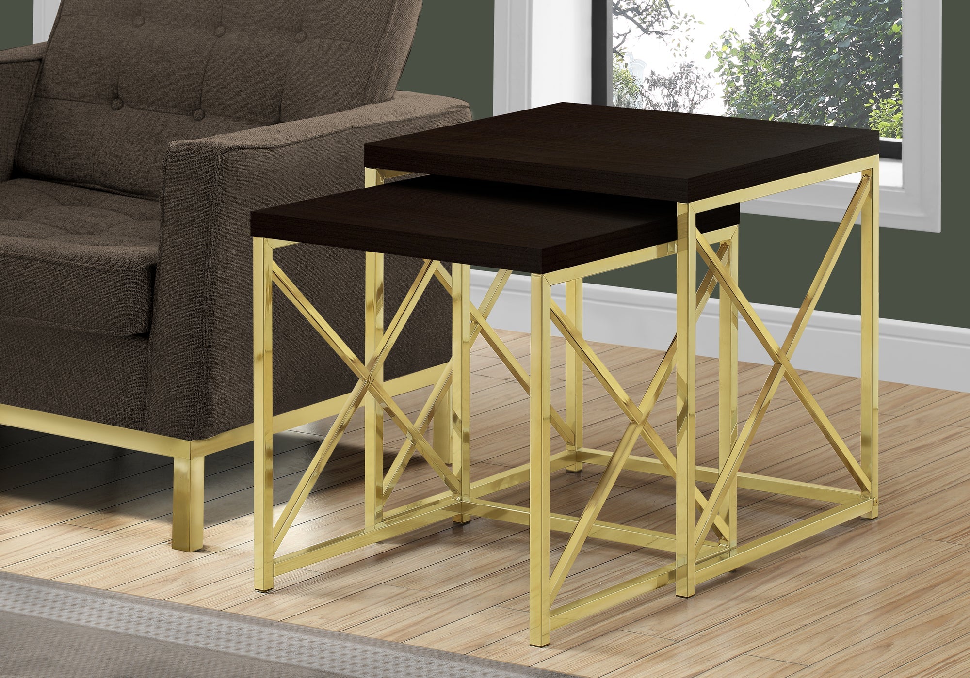 Monarch Specialties I 3237 Tables Gigognes, Lot De 2, Côté, Bout, Métal, Accent, Salon, Chambre À Coucher, Métal, Stratifié, Brun, Or, Contemporain, Moderne - Simple Boutique