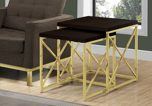 Monarch Specialties I 3237 Tables Gigognes, Lot De 2, Côté, Bout, Métal, Accent, Salon, Chambre À Coucher, Métal, Stratifié, Brun, Or, Contemporain, Moderne - Simple Boutique