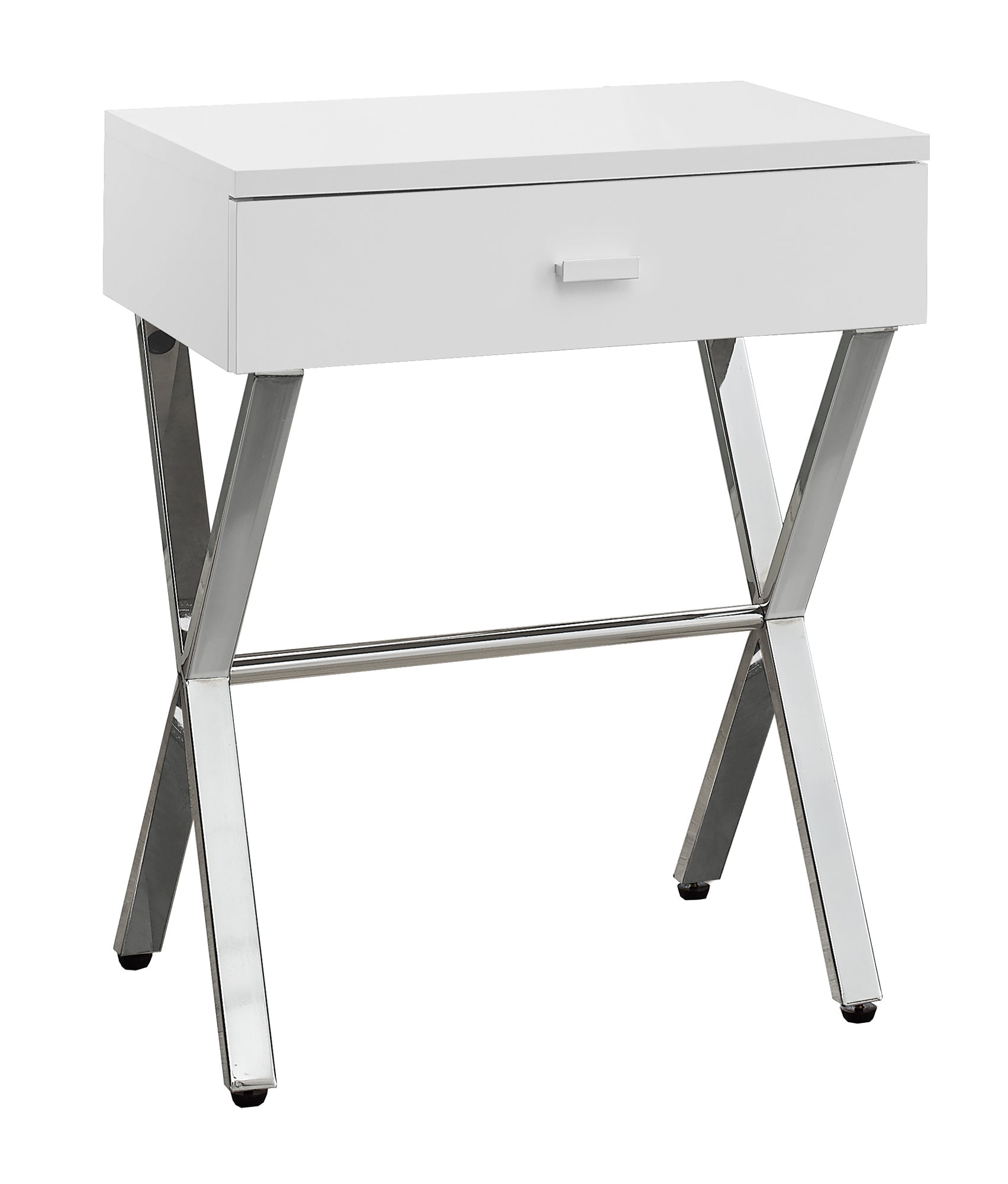 Monarch Specialties I 3262 Table D'appoint, Côté, Bout, Table De Nuit, Lampe, Tiroir De Rangement, Salon, Chambre À Coucher, Métal, Stratifié, Blanc Lustré, Chrome, Contemporain, Moderne - Simple Boutique