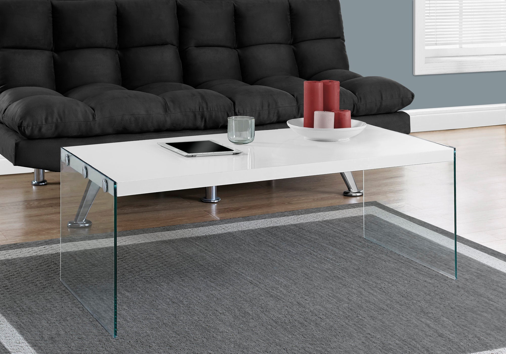 Monarch Specialties I 3286 Table A Café, Accent, Cocktail, Rectangulaire, Salon, 44"l, Verre Trempé, Stratifié, Blanc Lustré, Dégager, Contemporain, Moderne - Simple Boutique