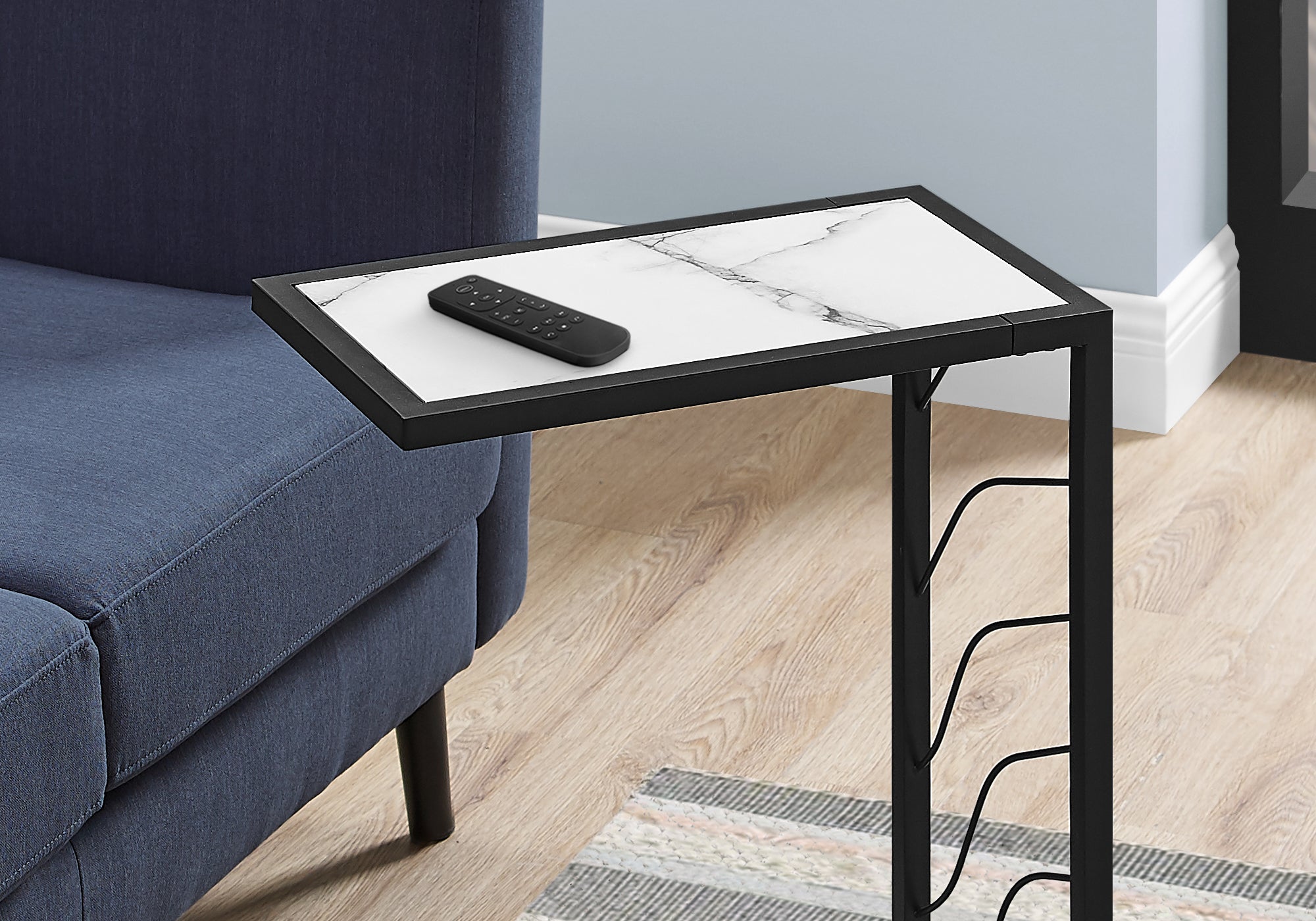 Monarch Specialties I 3300 Table D'appoint, En Forme De C, Bout, Côté, Collation, Salon, Chambre À Coucher, Métal, Stratifié, Aspect Marbre Blanc, Noir, Contemporain, Moderne - Simple Boutique