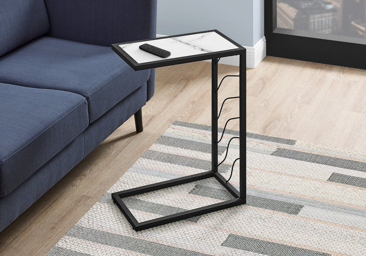 Monarch Specialties I 3300 Table D'appoint, En Forme De C, Bout, Côté, Collation, Salon, Chambre À Coucher, Métal, Stratifié, Aspect Marbre Blanc, Noir, Contemporain, Moderne - Simple Boutique