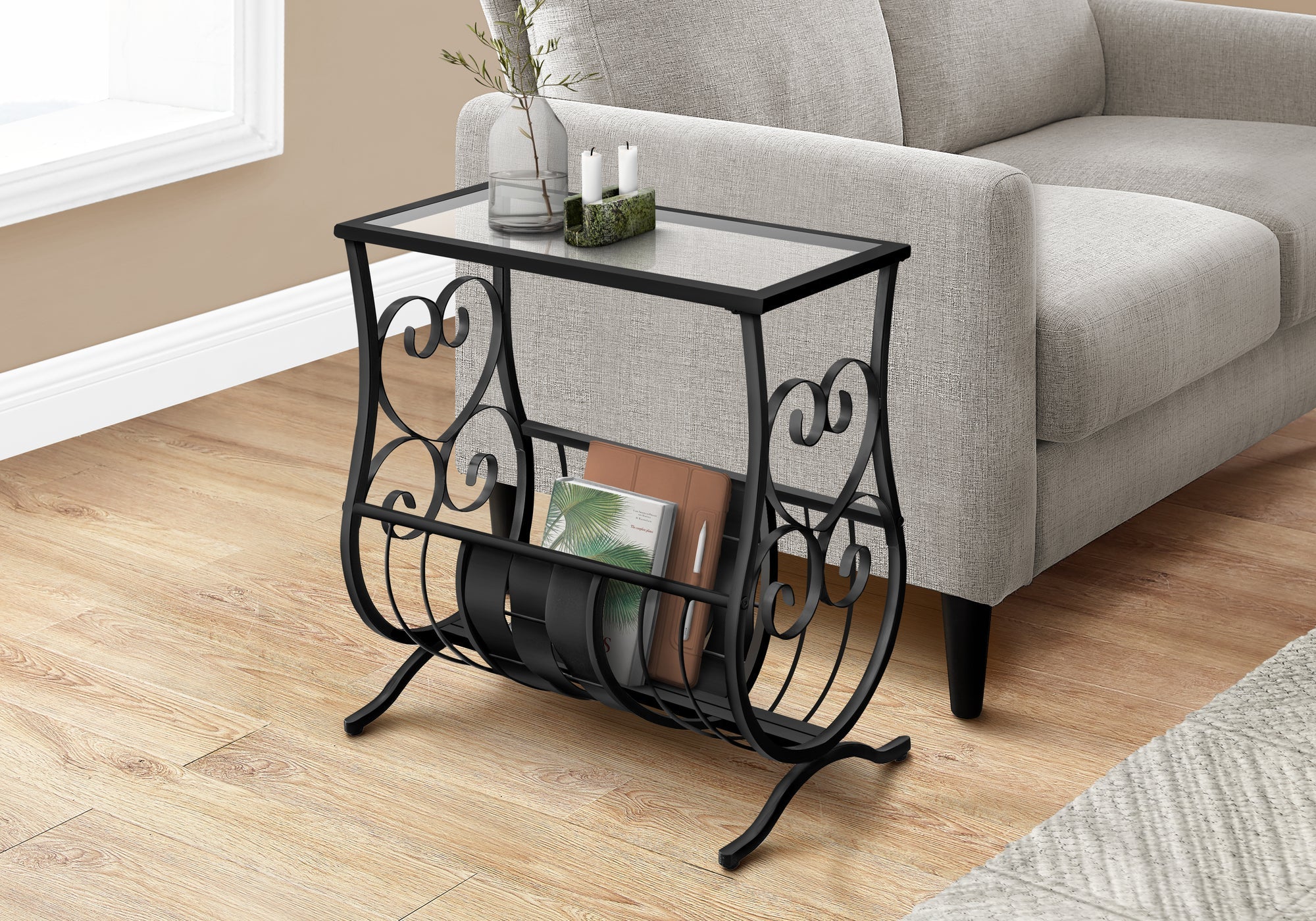 Monarch Specialties I 3314 Table D'appoint, Côté, Bout, Magazine, Table De Nuit, Étroit, Salon, Chambre À Coucher, Métal, Verre Trempé, Noir, Dégager, Traditionnel - Simple Boutique