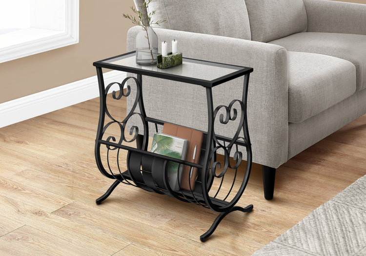 Monarch Specialties I 3314 Table D'appoint, Côté, Bout, Magazine, Table De Nuit, Étroit, Salon, Chambre À Coucher, Métal, Verre Trempé, Noir, Dégager, Traditionnel - Simple Boutique
