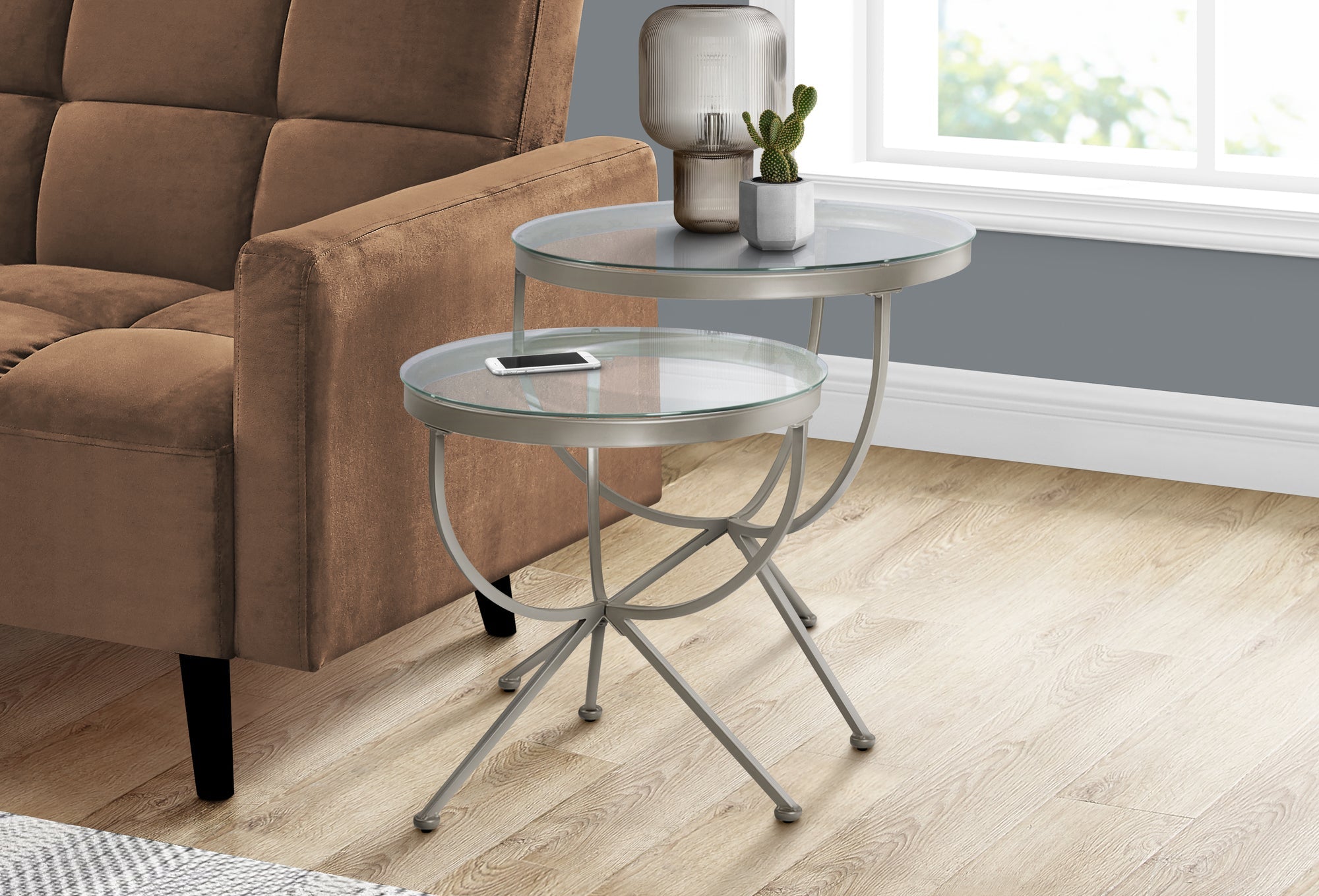 Monarch Specialties I 3322 Tables Gigognes, Lot De 2, Côté, Bout, Accent, Salon, Chambre À Coucher, Métal, Verre Trempé, Gris, Dégager, Contemporain, Moderne - Simple Boutique