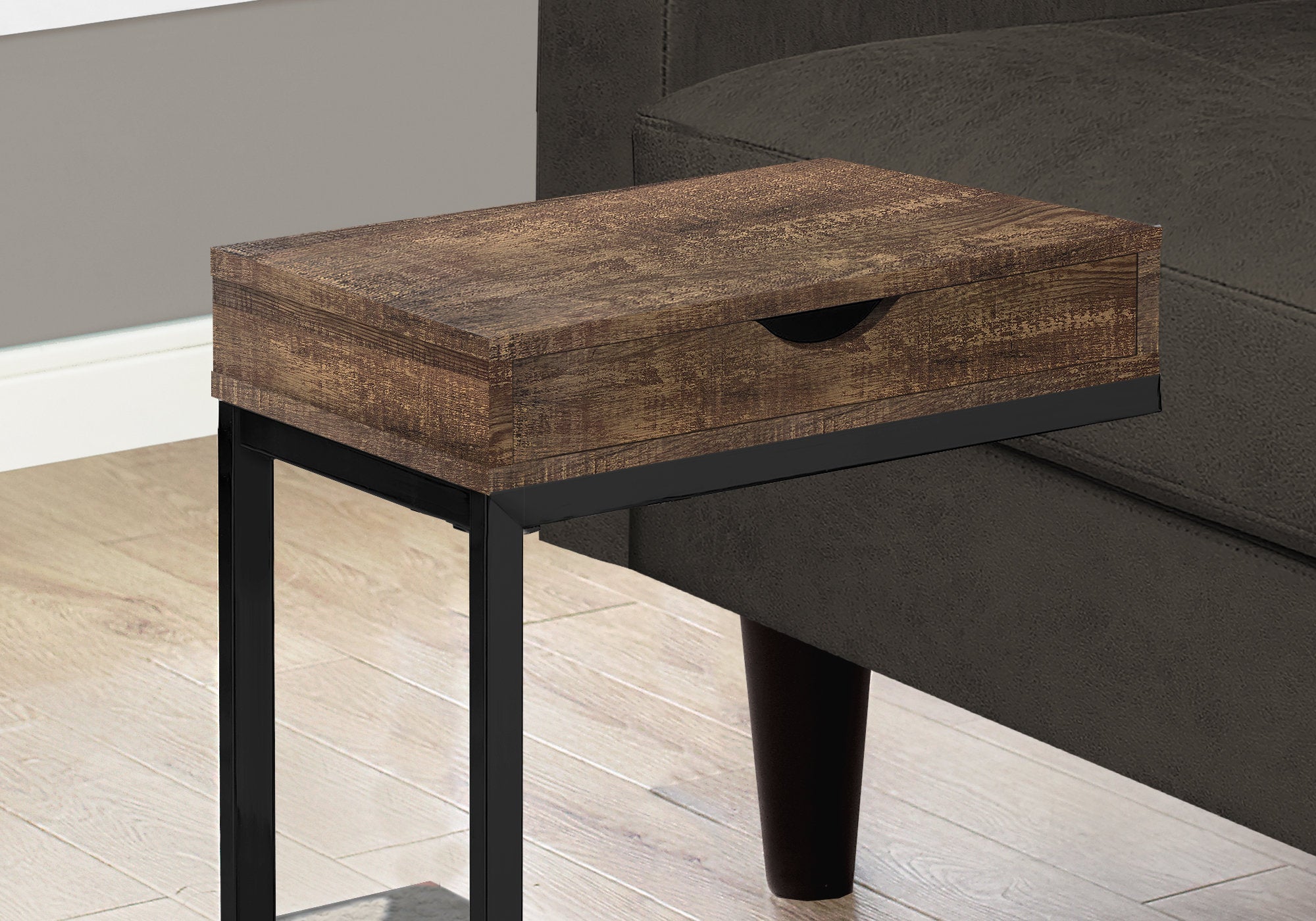 Monarch Specialties I 3406 Table D'appoint, En Forme De C, Bout, Côté, Collation, Tiroir De Rangement, Salon, Chambre À Coucher, Métal, Stratifié, Brun, Noir, Contemporain, Moderne - Simple Boutique