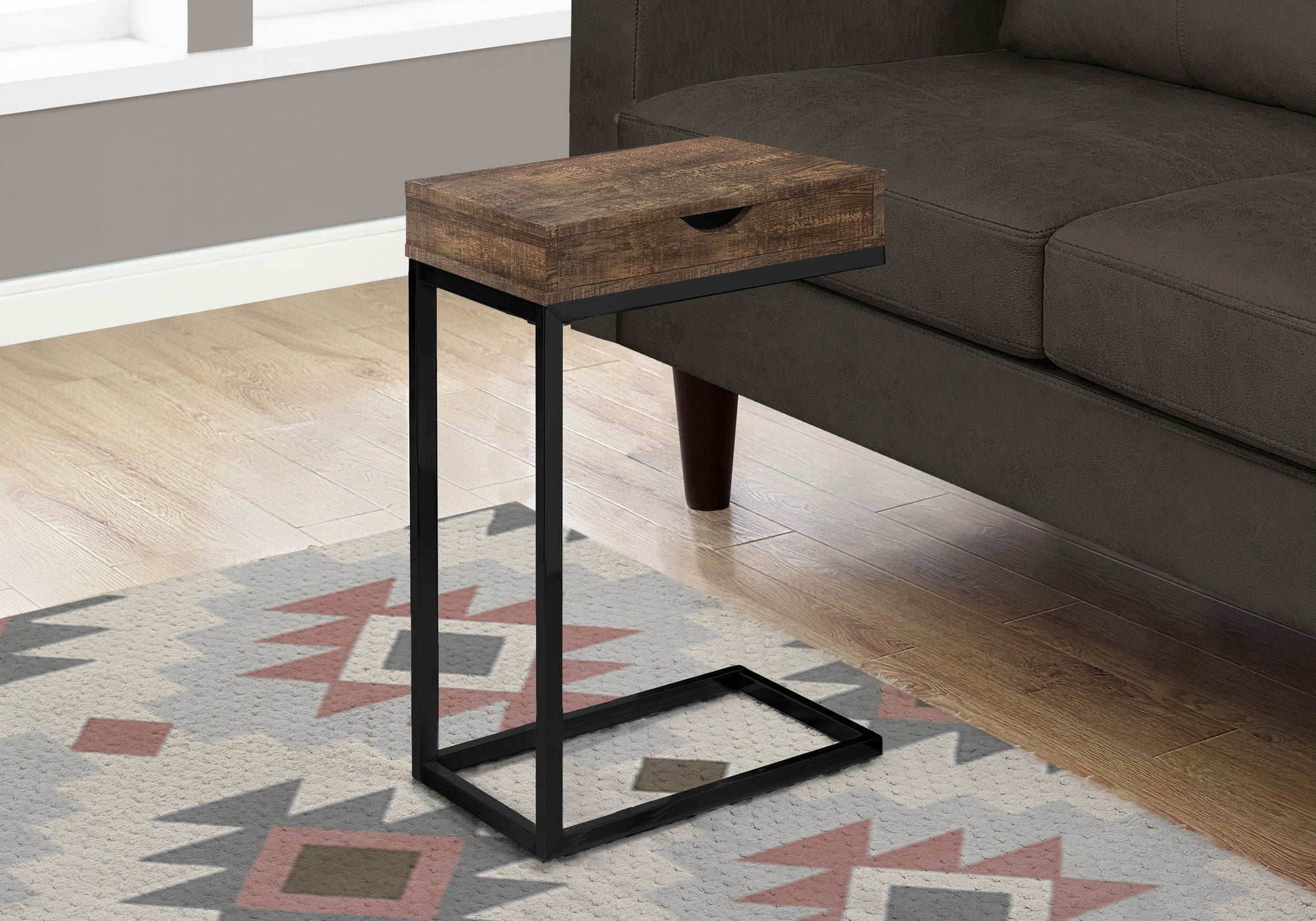 Monarch Specialties I 3406 Table D'appoint, En Forme De C, Bout, Côté, Collation, Tiroir De Rangement, Salon, Chambre À Coucher, Métal, Stratifié, Brun, Noir, Contemporain, Moderne - Simple Boutique