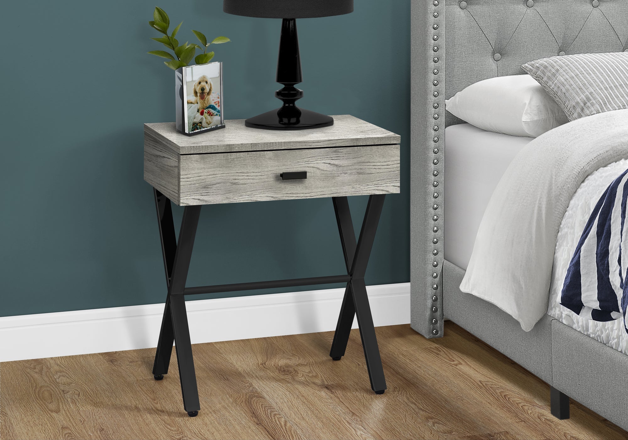 Monarch Specialties I 3451 Table D'appoint, Côté, Bout, Table De Nuit, Lampe, Tiroir De Rangement, Salon, Chambre À Coucher, Métal, Stratifié, Gris, Noir, Contemporain, Moderne - Simple Boutique