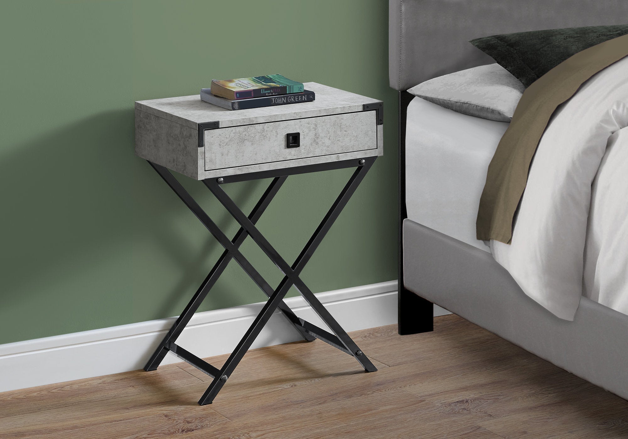 Monarch Specialties I 3552 Table D'appoint, Côté, Bout, Table De Nuit, Lampe, Tiroir De Rangement, Salon, Chambre À Coucher, Métal, Stratifié, Gris, Noir, Contemporain, Moderne - Simple Boutique