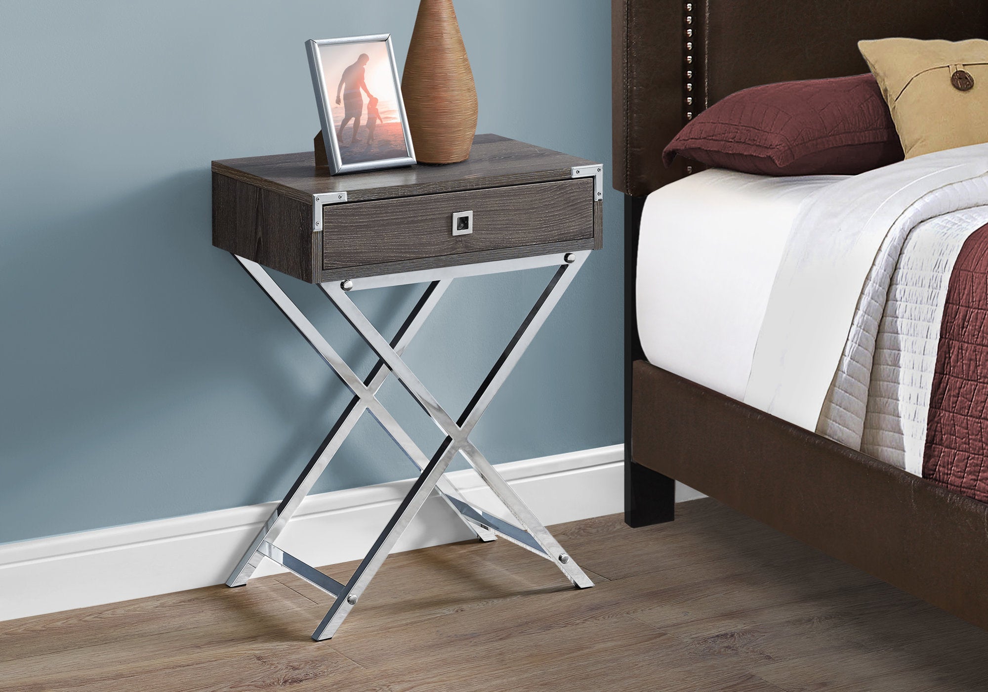 Monarch Specialties I 3555 Table D'appoint, Côté, Bout, Table De Nuit, Lampe, Tiroir De Rangement, Salon, Chambre À Coucher, Métal, Stratifié, Brun, Chrome, Contemporain, Moderne - Simple Boutique