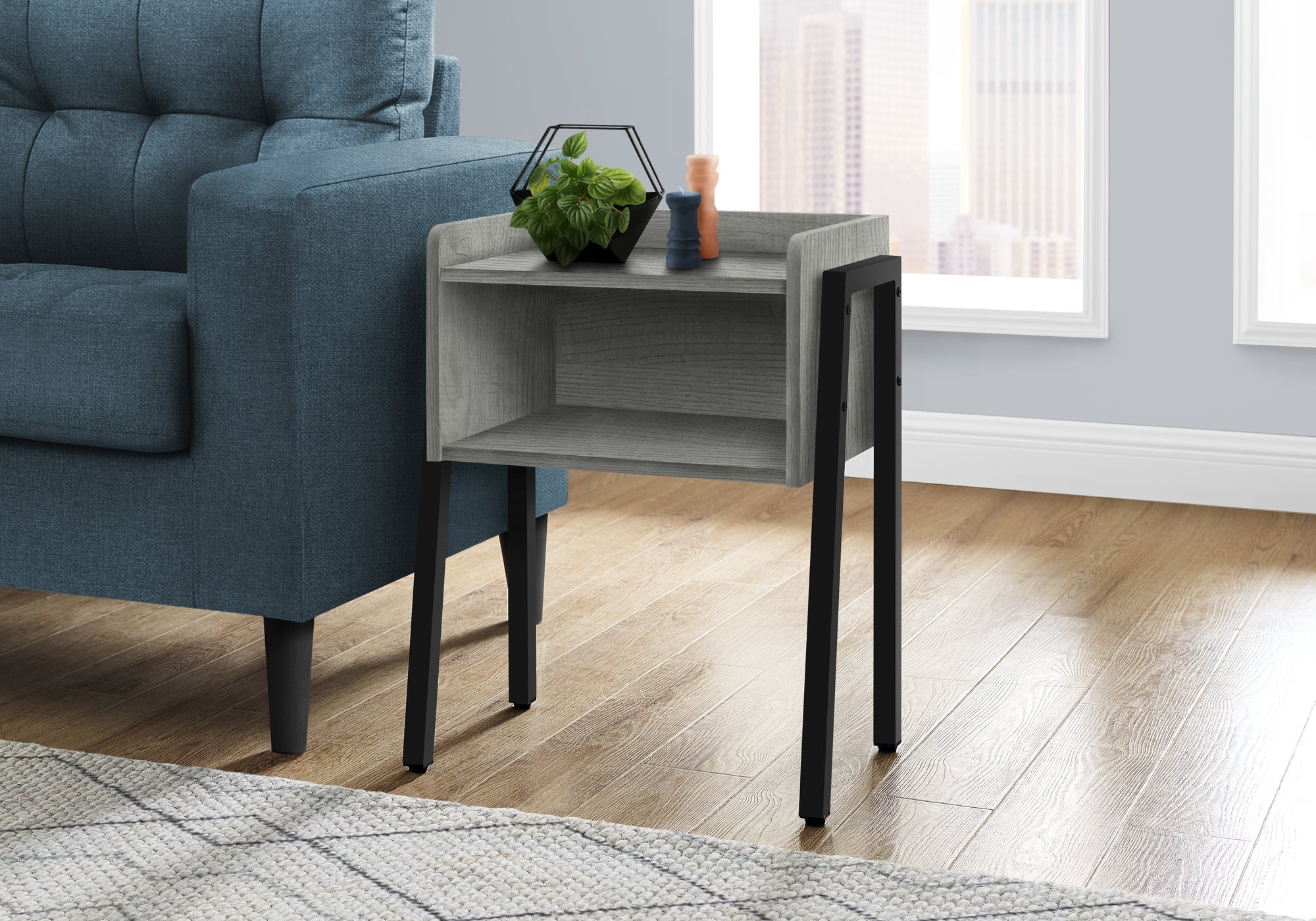 Monarch Specialties I 3591 Table D'appoint, Côté, Bout, Table De Nuit, Lampe, Salon, Chambre À Coucher, Métal, Stratifié, Gris, Noir, Contemporain, Moderne - Simple Boutique