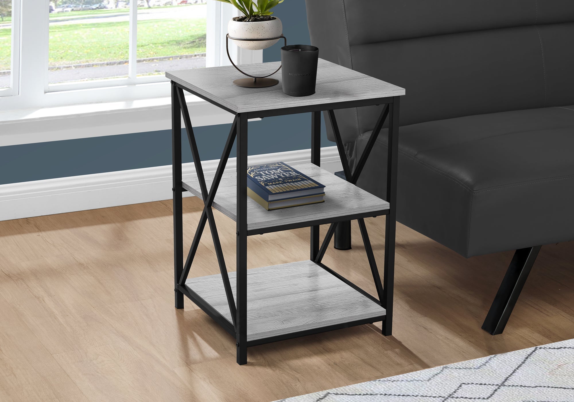 Monarch Specialties I 3596 Table D'appoint, Côté, Bout, Table De Nuit, Lampe, Salon, Chambre À Coucher, Métal, Stratifié, Gris, Noir, Contemporain, Moderne - Simple Boutique