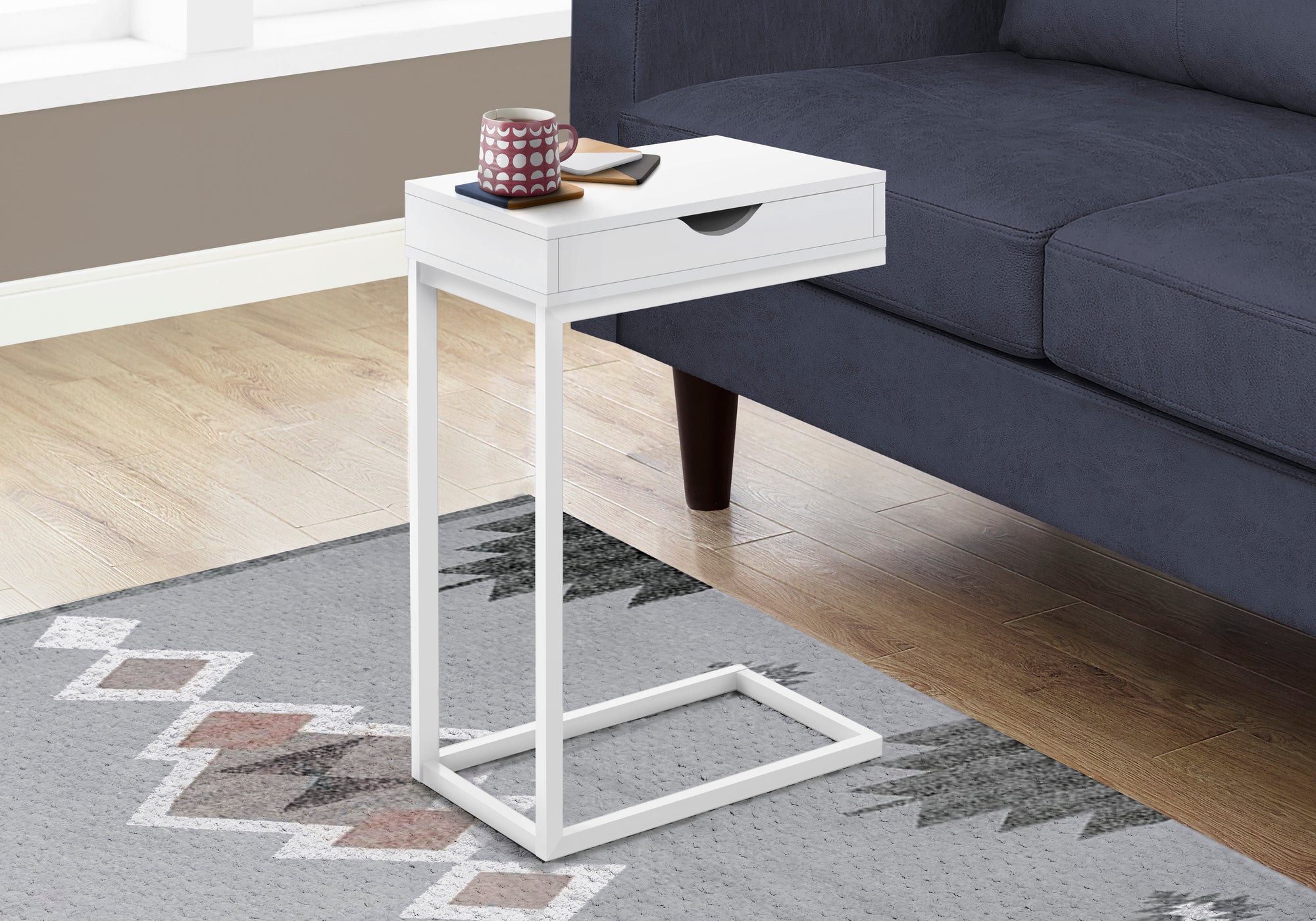 Monarch Specialties I 3601 Table D'appoint, En Forme De C, Bout, Côté, Collation, Tiroir De Rangement, Salon, Chambre À Coucher, Métal, Stratifié, Blanc, Contemporain, Moderne - Simple Boutique