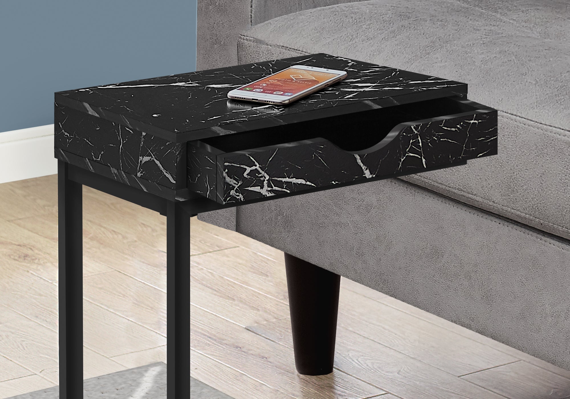 Monarch Specialties I 3604 Table D'appoint, En Forme De C, Bout, Côté, Collation, Tiroir De Rangement, Salon, Chambre À Coucher, Métal, Stratifié, D'aspect Marbre Noir, Contemporain, Moderne - Simple Boutique