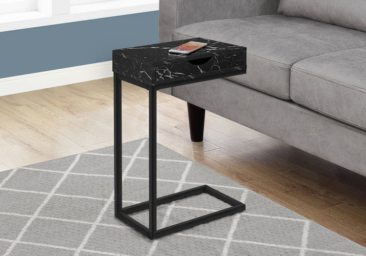 Monarch Specialties I 3604 Table D'appoint, En Forme De C, Bout, Côté, Collation, Tiroir De Rangement, Salon, Chambre À Coucher, Métal, Stratifié, D'aspect Marbre Noir, Contemporain, Moderne - Simple Boutique