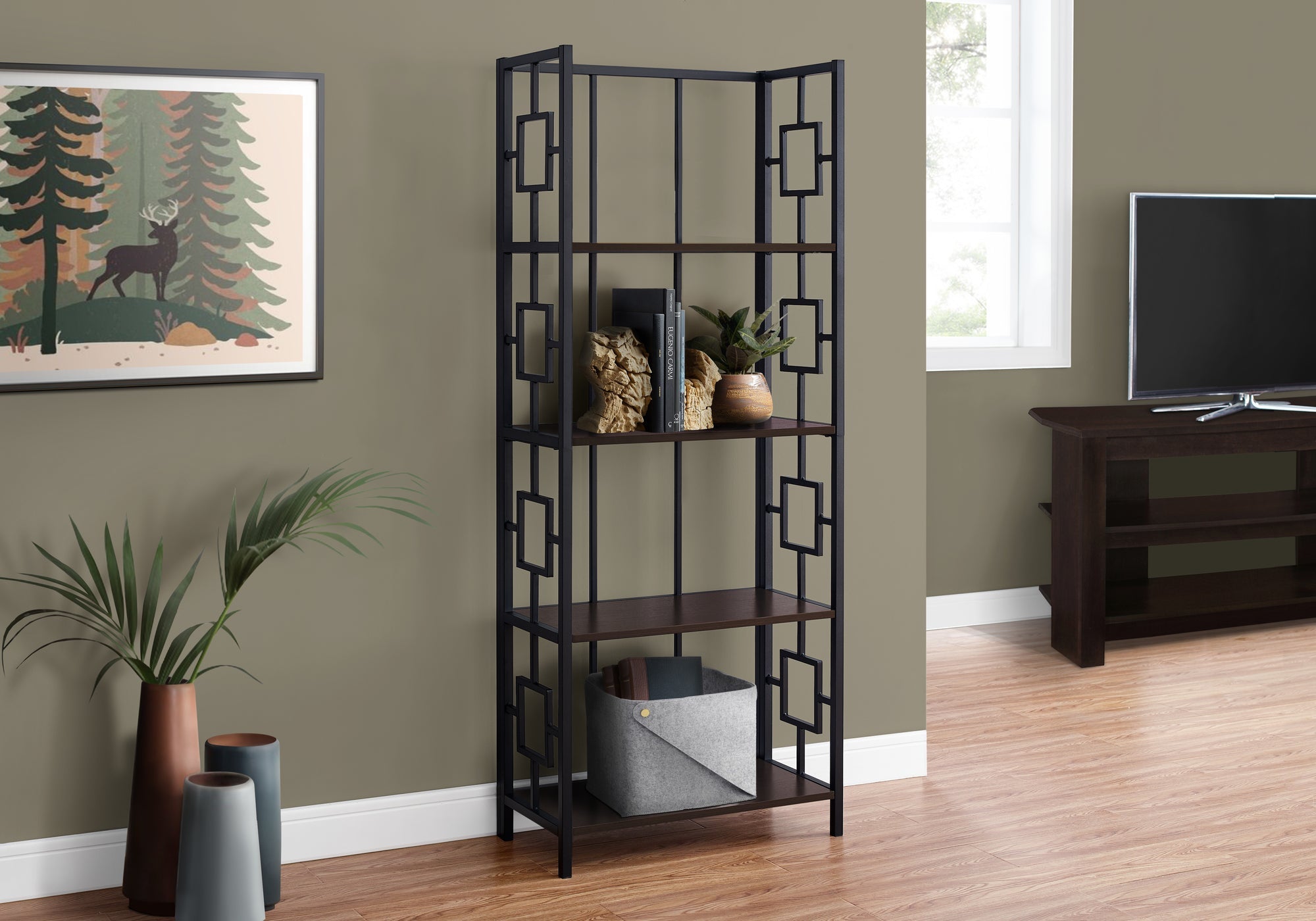 Monarch Specialties I 3617 Étagère À Livres, Étagère, Étagère, 4 Niveaux, 62"h, Bureau, Chambre À Coucher, Métal, Stratifié, Brun, Noir, Contemporain, Moderne - Simple Boutique