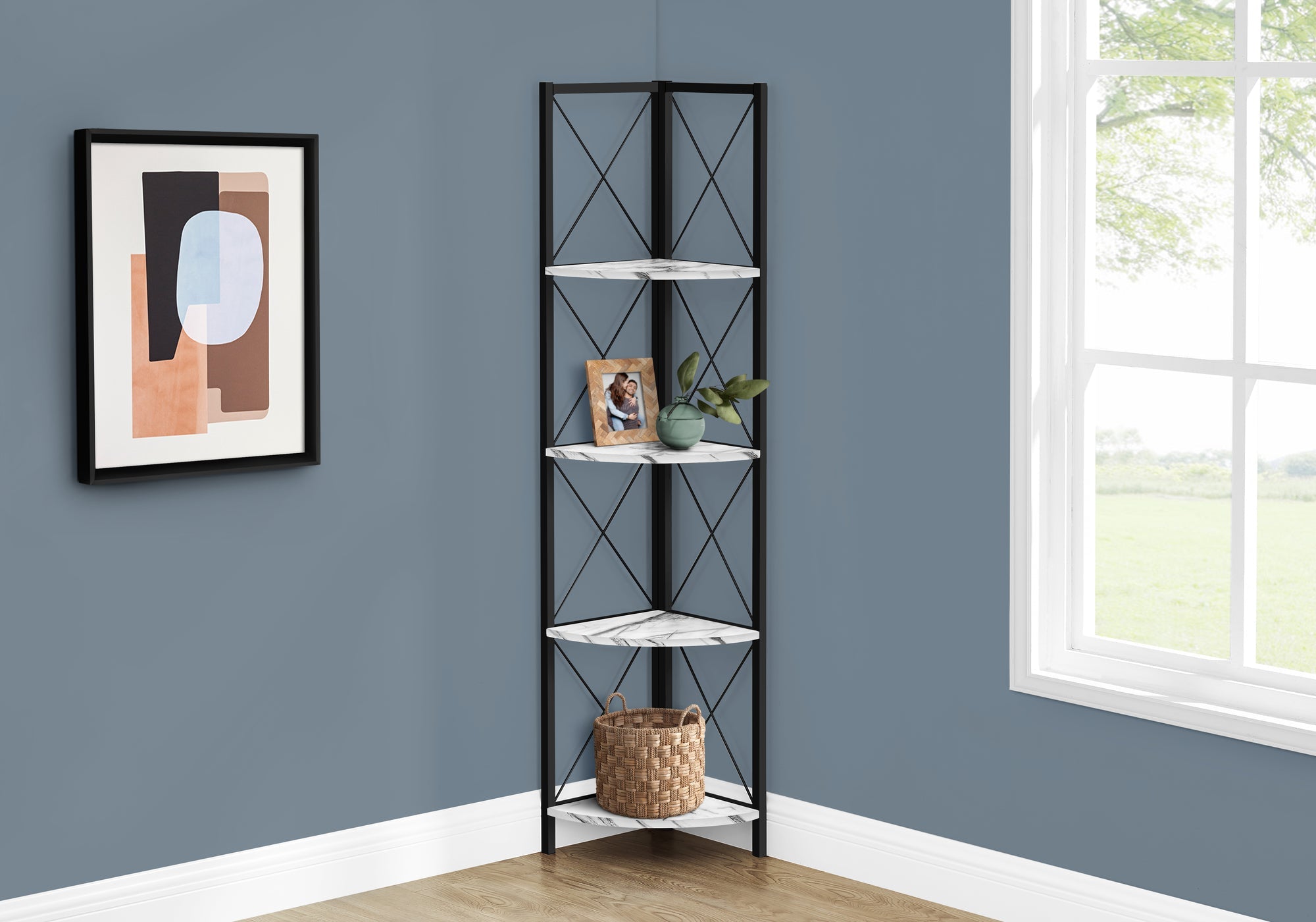 Monarch Specialties I 3651 Étagère À Livres, Étagère, Étagère, Coin, 4 Niveaux, 60"h, Bureau, Chambre À Coucher, Métal, Stratifié, Aspect Marbre Blanc, Noir, Contemporain, Moderne - Simple Boutique