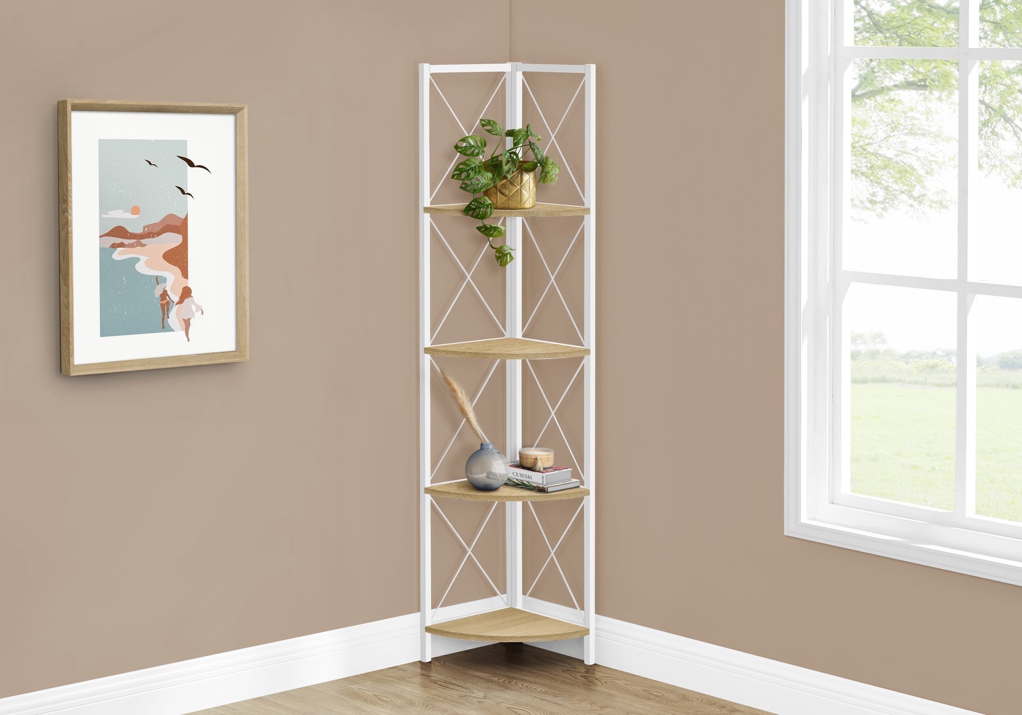 Monarch Specialties I 3652 Étagère À Livres, Étagère, Étagère, Coin, 4 Niveaux, 60"h, Bureau, Chambre À Coucher, Métal, Stratifié, Naturel, Blanc, Contemporain, Moderne - Simple Boutique