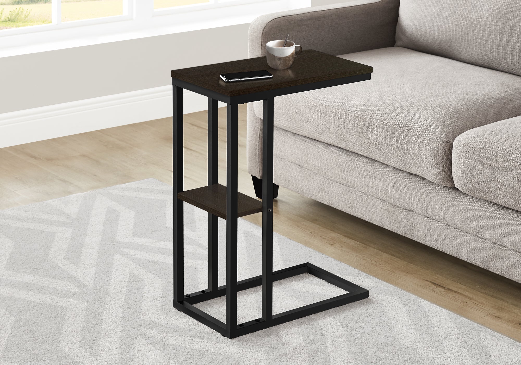 Monarch Specialties I 3670 Table D'appoint, En Forme De C, Bout, Côté, Collation, Salon, Chambre À Coucher, Métal, Stratifié, Brun, Noir, Contemporain, Moderne - Simple Boutique
