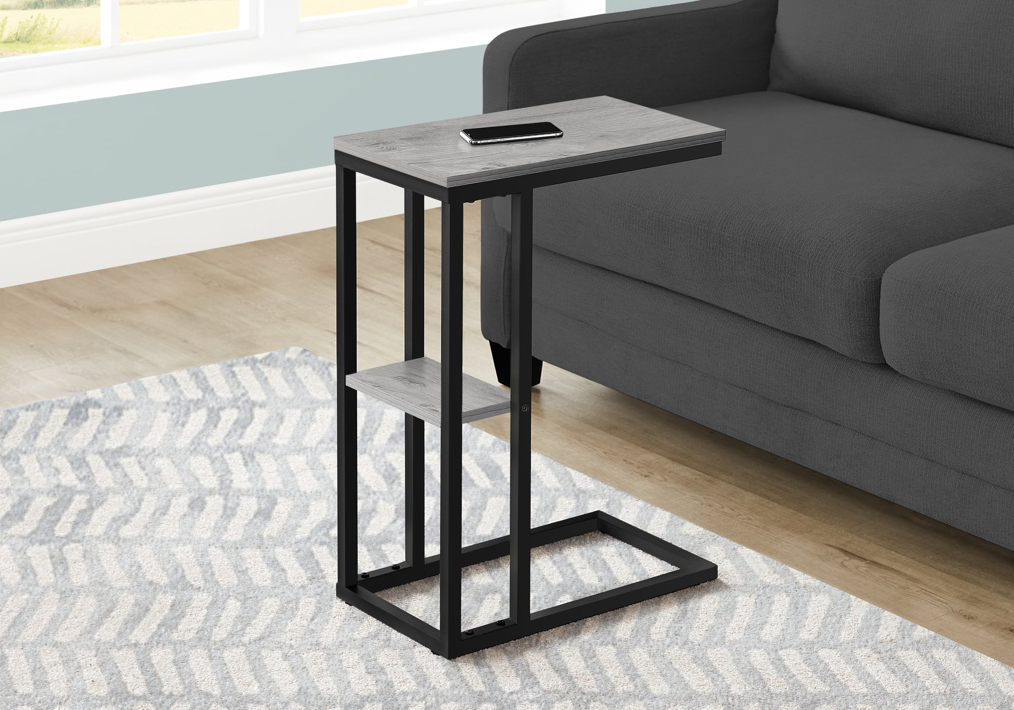 Monarch Specialties I 3671 Table D'appoint, En Forme De C, Bout, Côté, Collation, Salon, Chambre À Coucher, Métal, Stratifié, Gris, Noir, Contemporain, Moderne - Simple Boutique