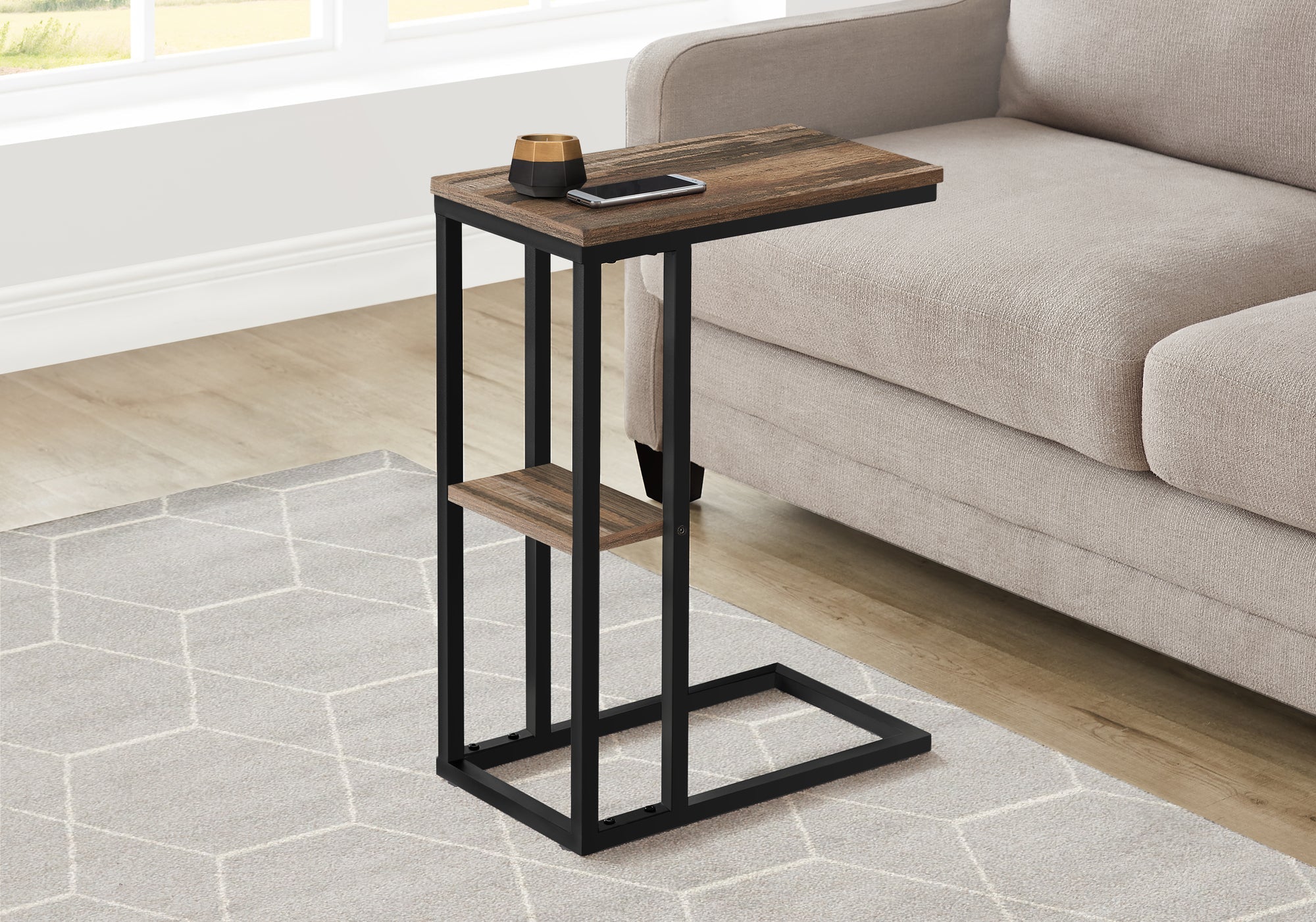 Monarch Specialties I 3673 Table D'appoint, En Forme De C, Bout, Côté, Collation, Salon, Chambre À Coucher, Métal, Stratifié, Brun, Noir, Contemporain, Moderne - Simple Boutique