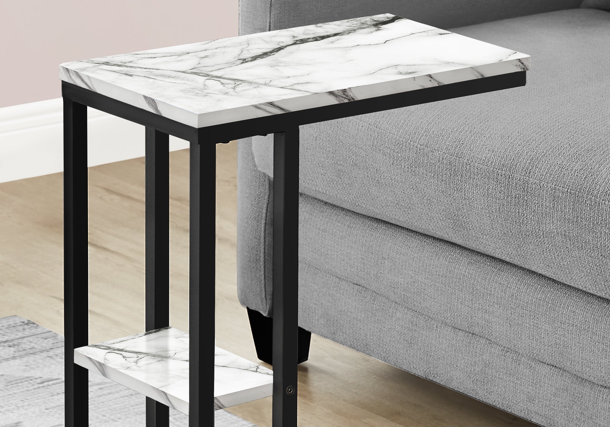 Monarch Specialties I 3675 Table D'appoint, En Forme De C, Bout, Côté, Collation, Salon, Chambre À Coucher, Métal, Stratifié, Aspect Marbre Blanc, Noir, Contemporain, Moderne - Simple Boutique