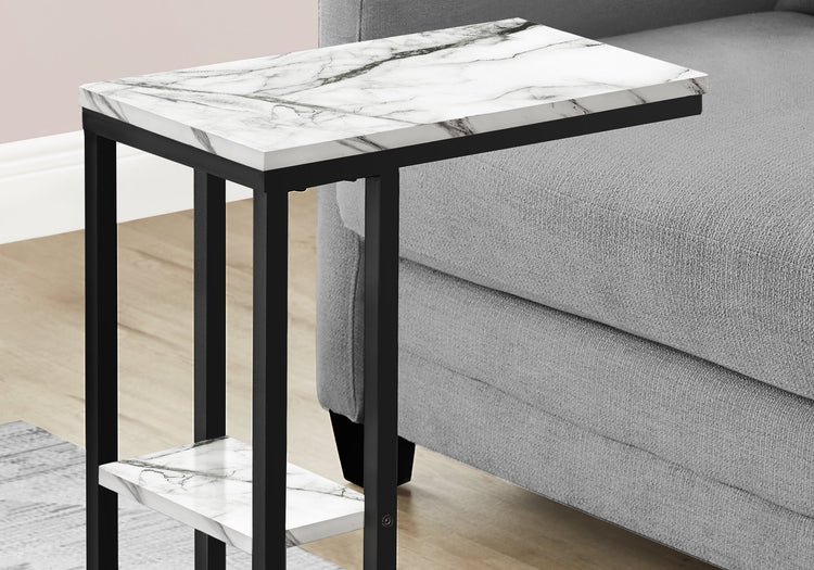 Monarch Specialties I 3675 Table D'appoint, En Forme De C, Bout, Côté, Collation, Salon, Chambre À Coucher, Métal, Stratifié, Aspect Marbre Blanc, Noir, Contemporain, Moderne - Simple Boutique