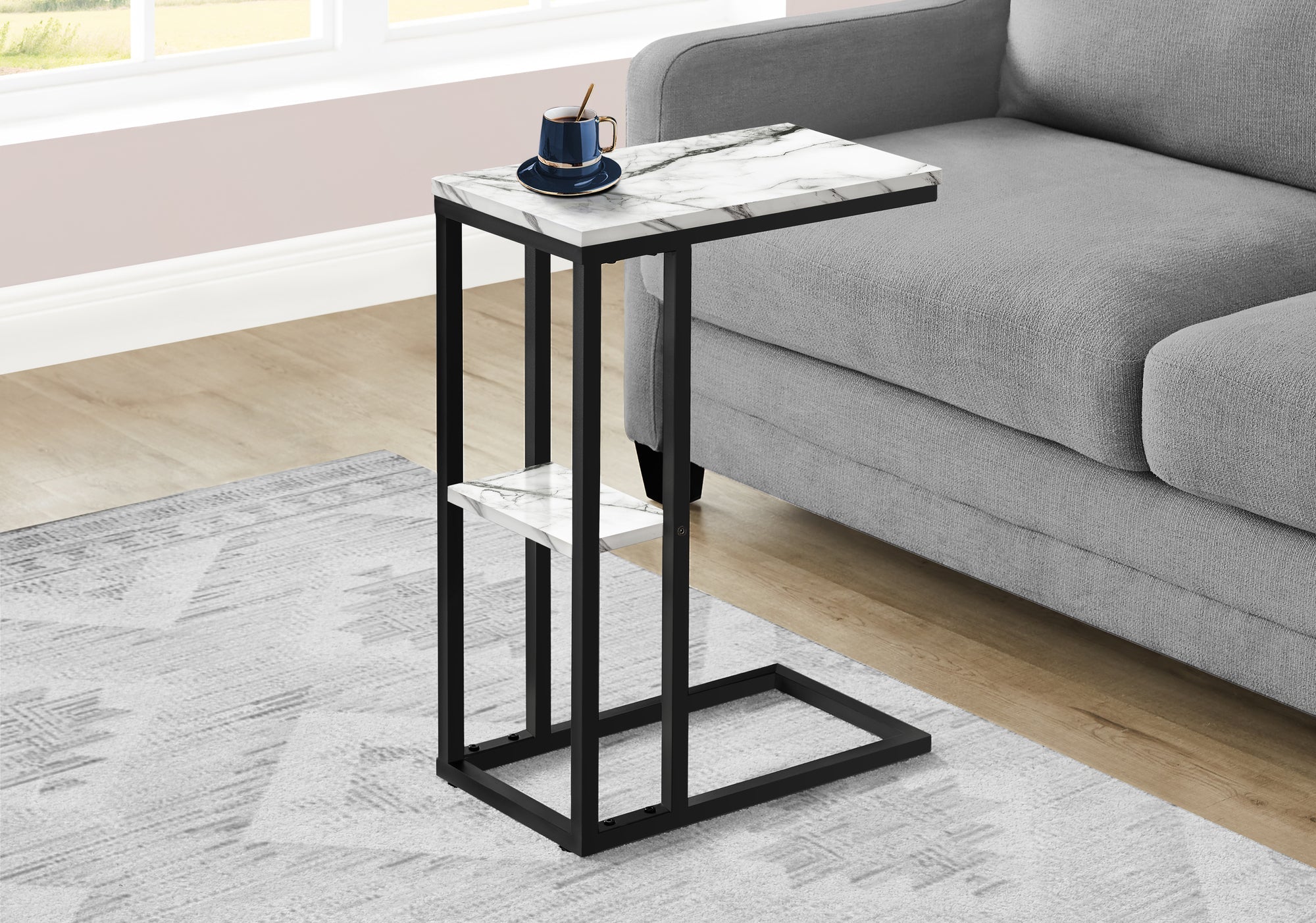 Monarch Specialties I 3675 Table D'appoint, En Forme De C, Bout, Côté, Collation, Salon, Chambre À Coucher, Métal, Stratifié, Aspect Marbre Blanc, Noir, Contemporain, Moderne - Simple Boutique